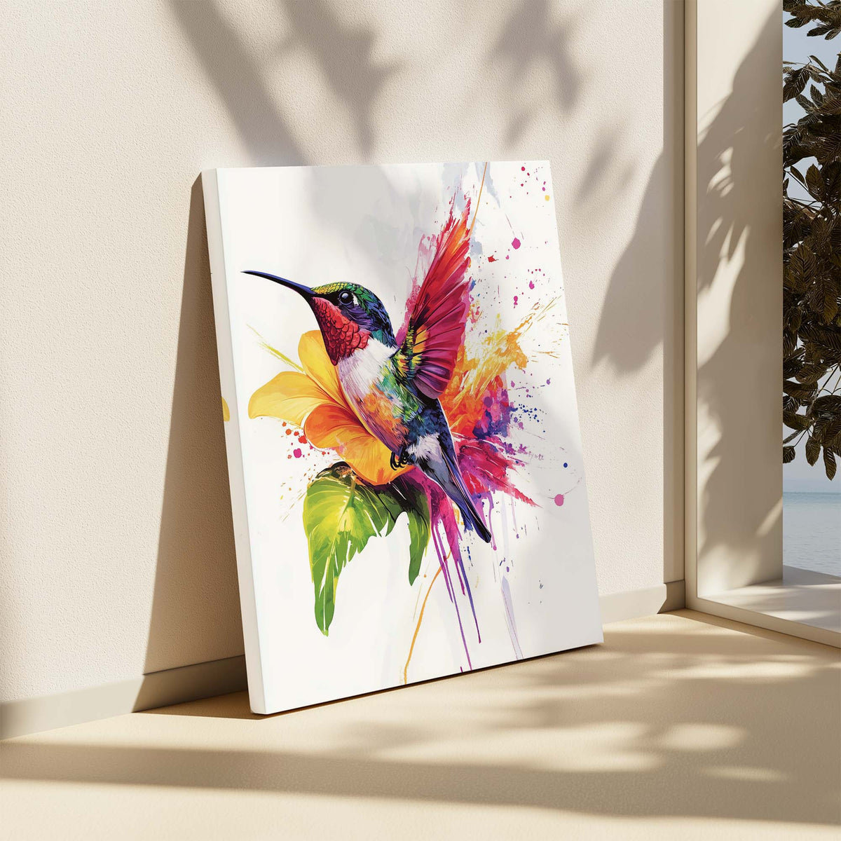 Colourful hummingbird canvas print displayed in a home