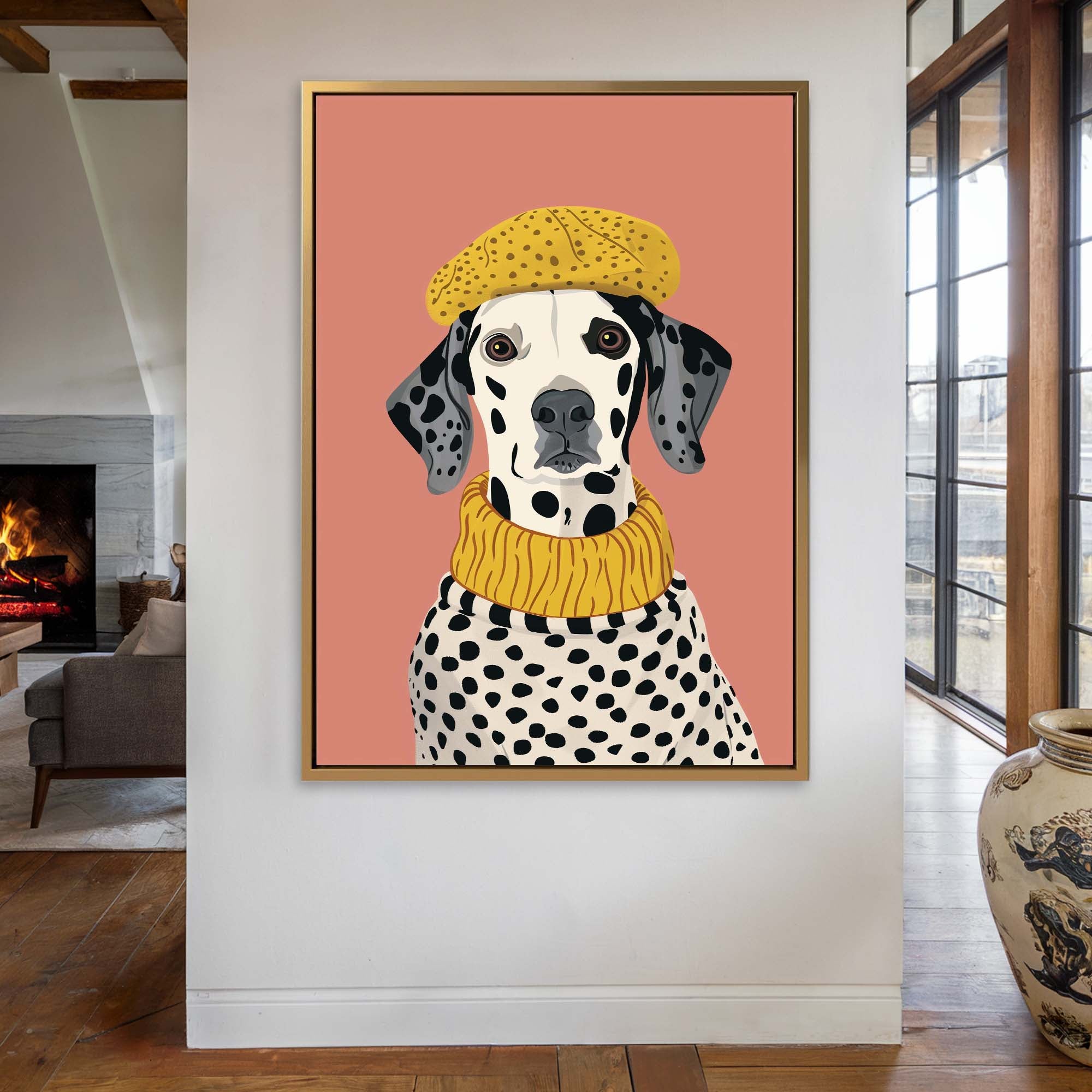 Beret Dalmatian on Blush Canvas Print Canvas Art Wildfrog Art