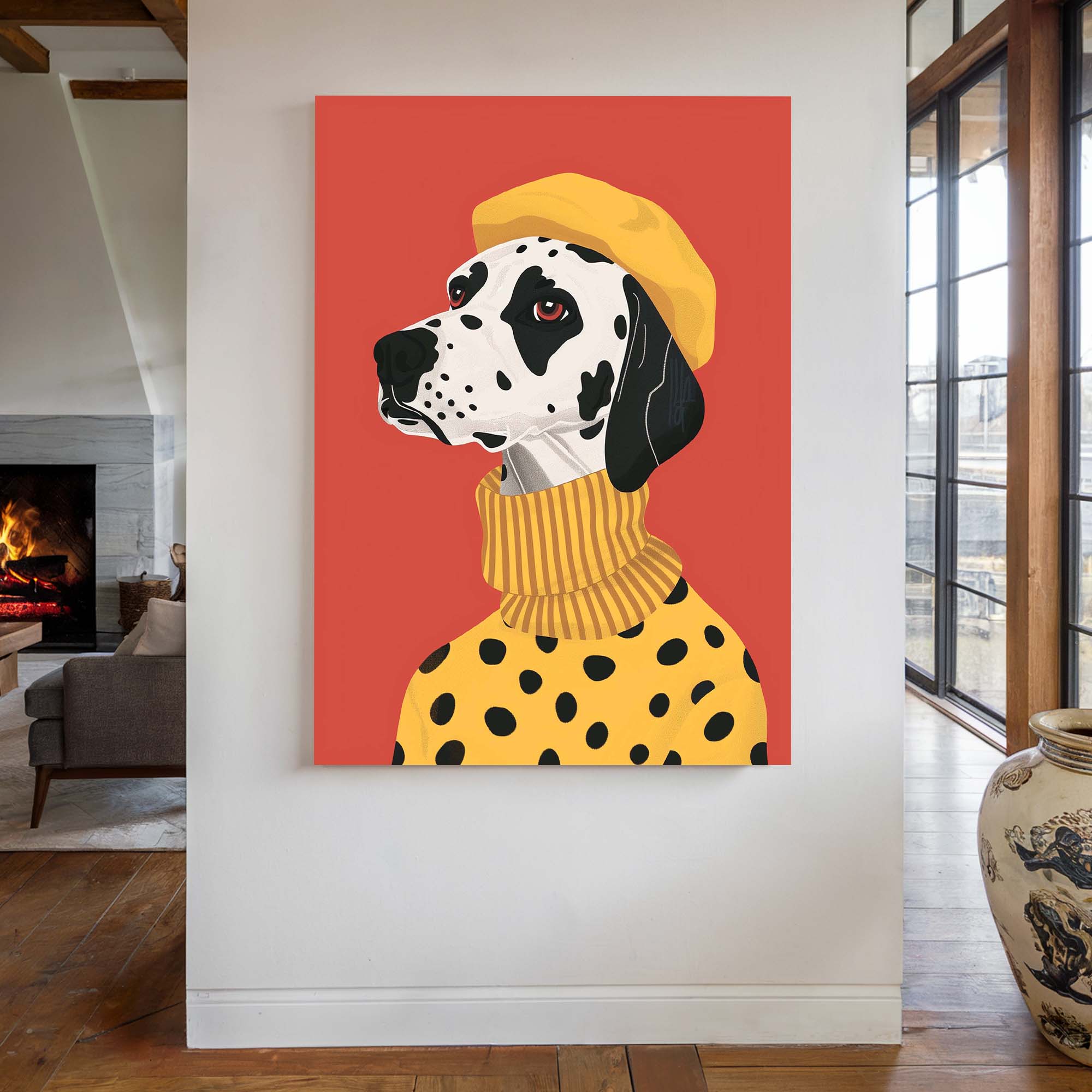 Beret Dalmatian on Red Canvas Print Canvas Art Wildfrog Art