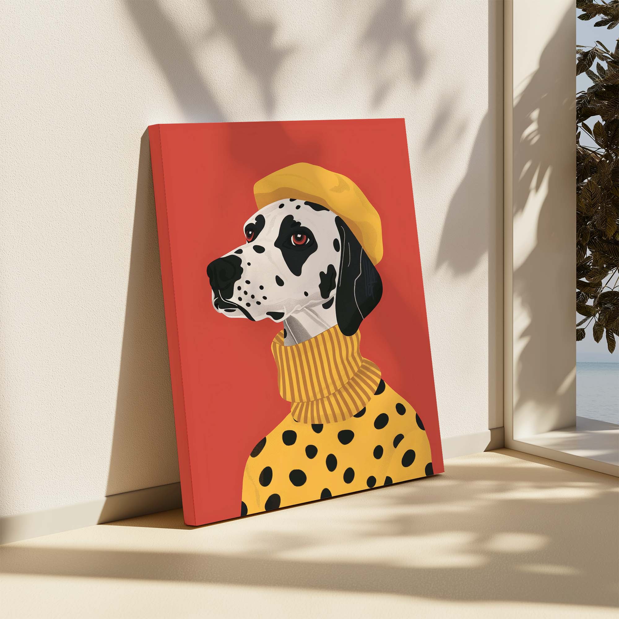 Beret Dalmatian on Red Canvas Print Canvas Art Wildfrog Art