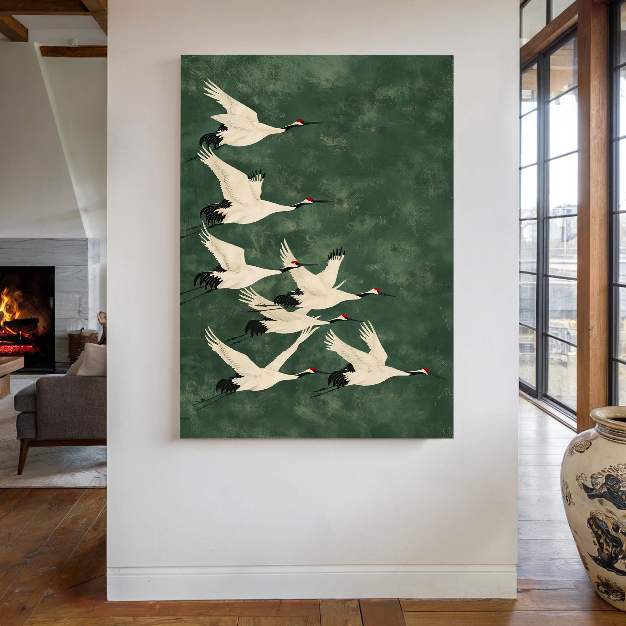 Cranes in Green Sky No1 Canvas Print Canvas Art Wildfrog Art