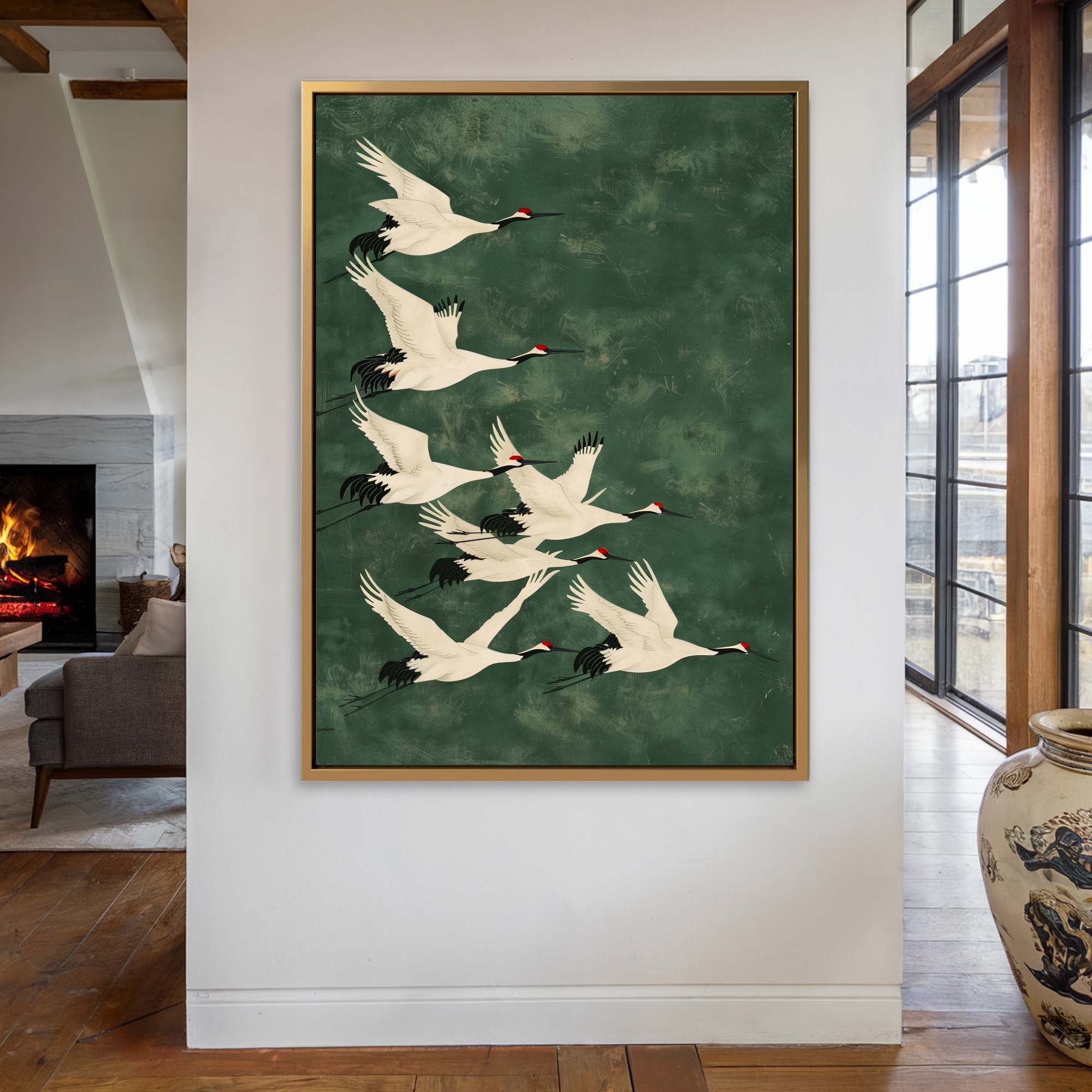 Cranes in Green Sky No1 Canvas Print Canvas Art Wildfrog Art