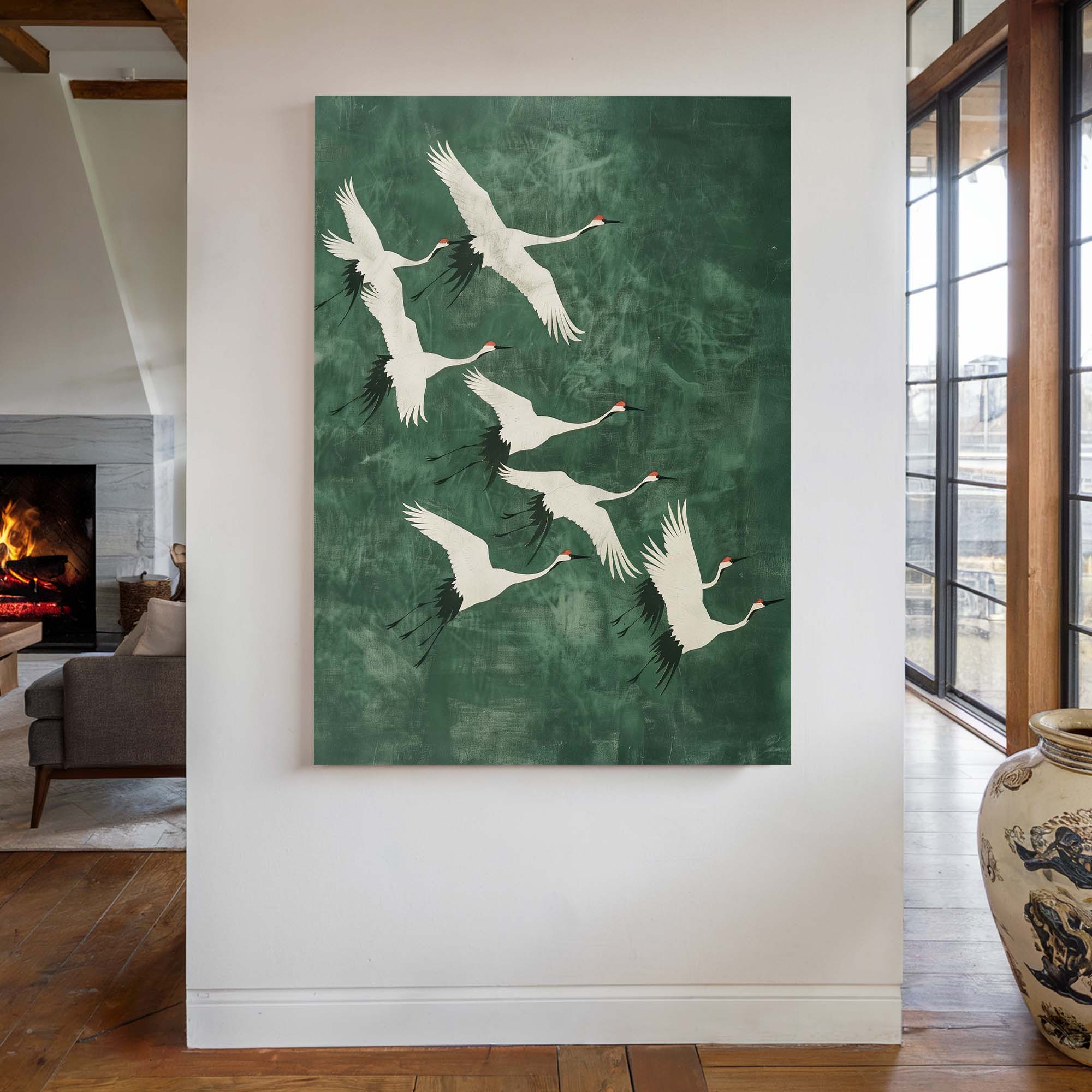 Cranes in Green Sky No2 Canvas Print Canvas Art Wildfrog Art