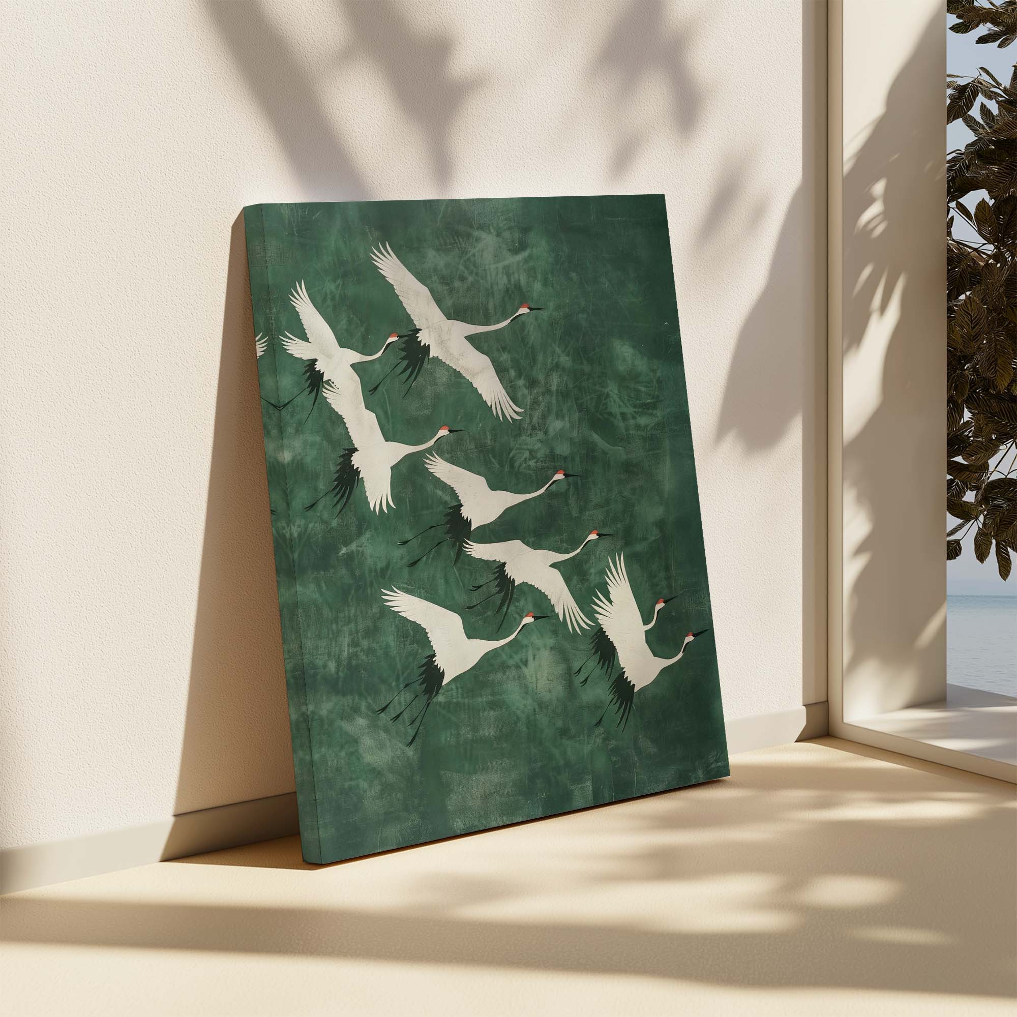 Cranes in Green Sky No2 Canvas Print Canvas Art Wildfrog Art