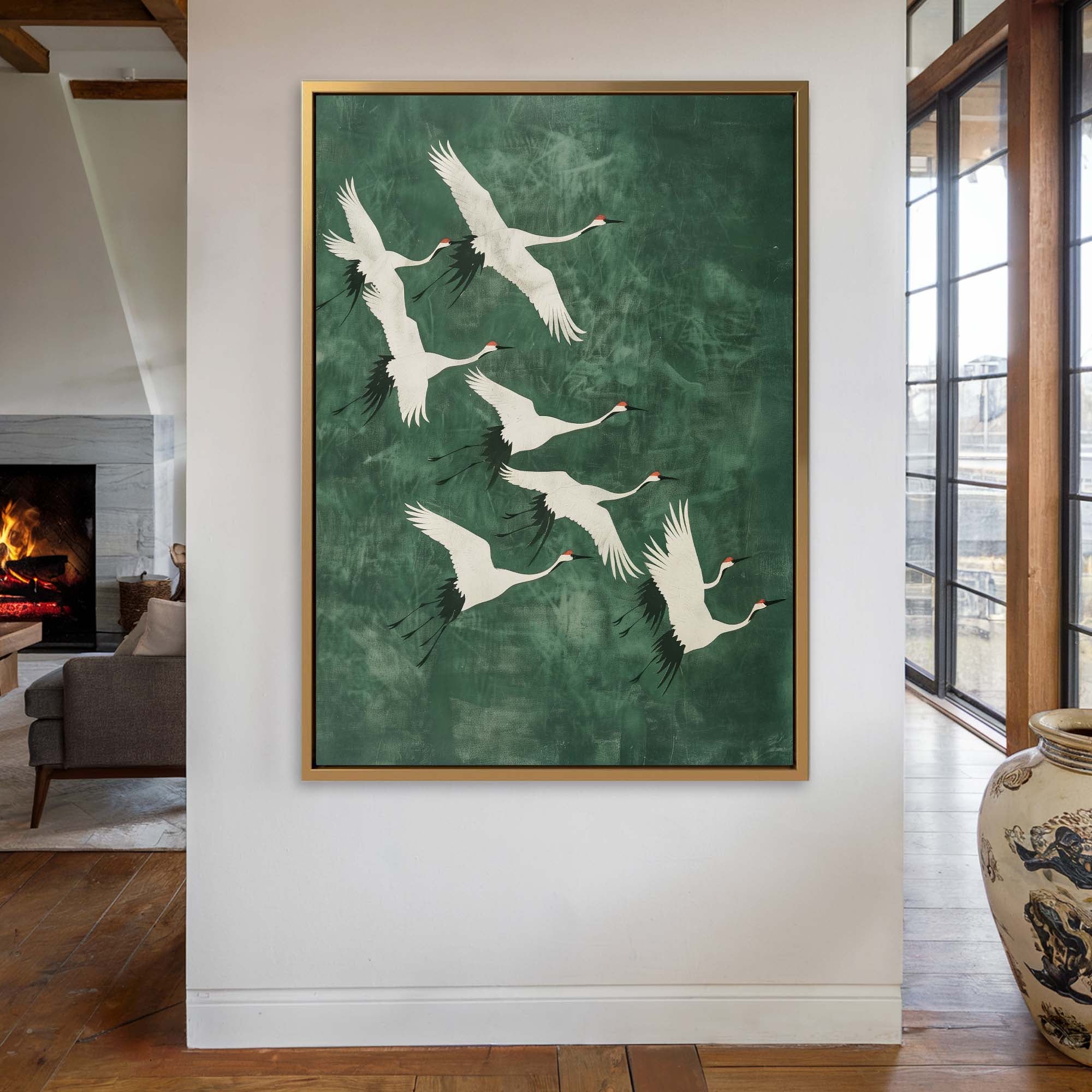 Cranes in Green Sky No2 Canvas Print Canvas Art Wildfrog Art