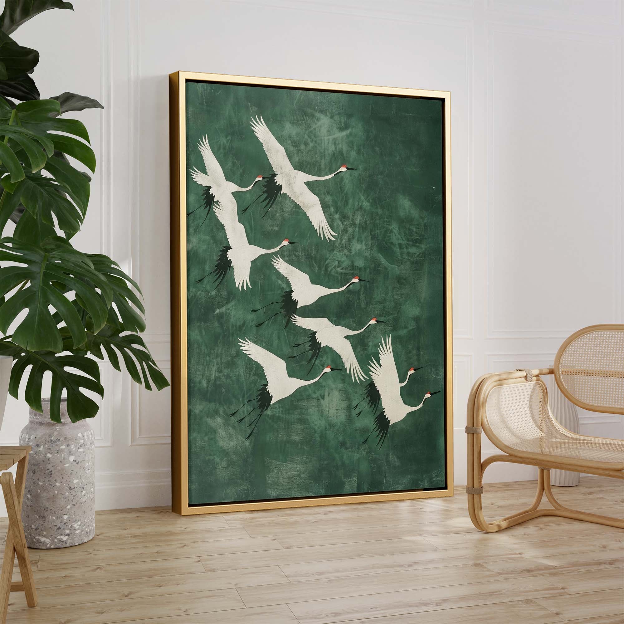 Cranes in Green Sky No2 Canvas Print Canvas Art Wildfrog Art
