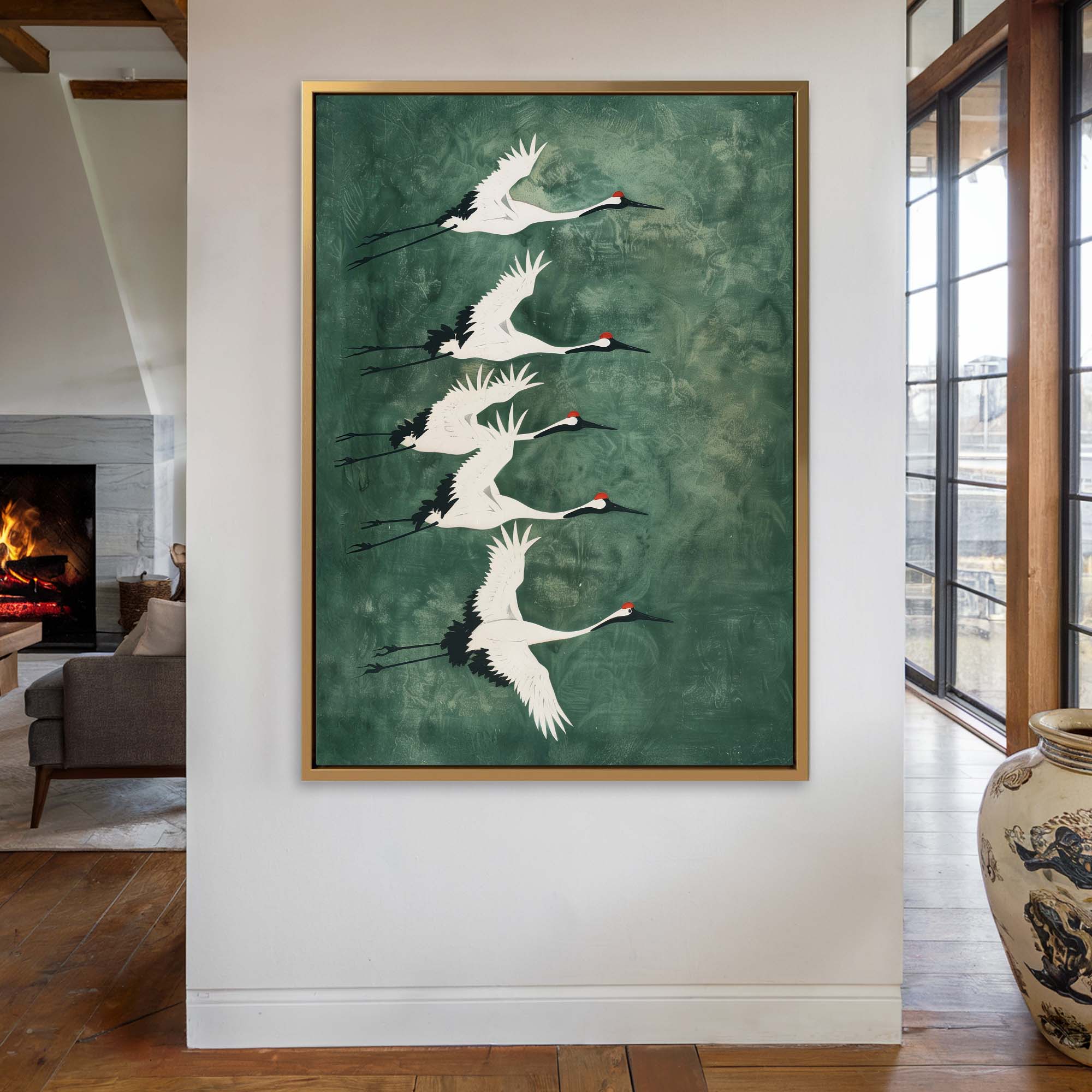 Cranes in Green Sky No3 Canvas Print Canvas Art Wildfrog Art