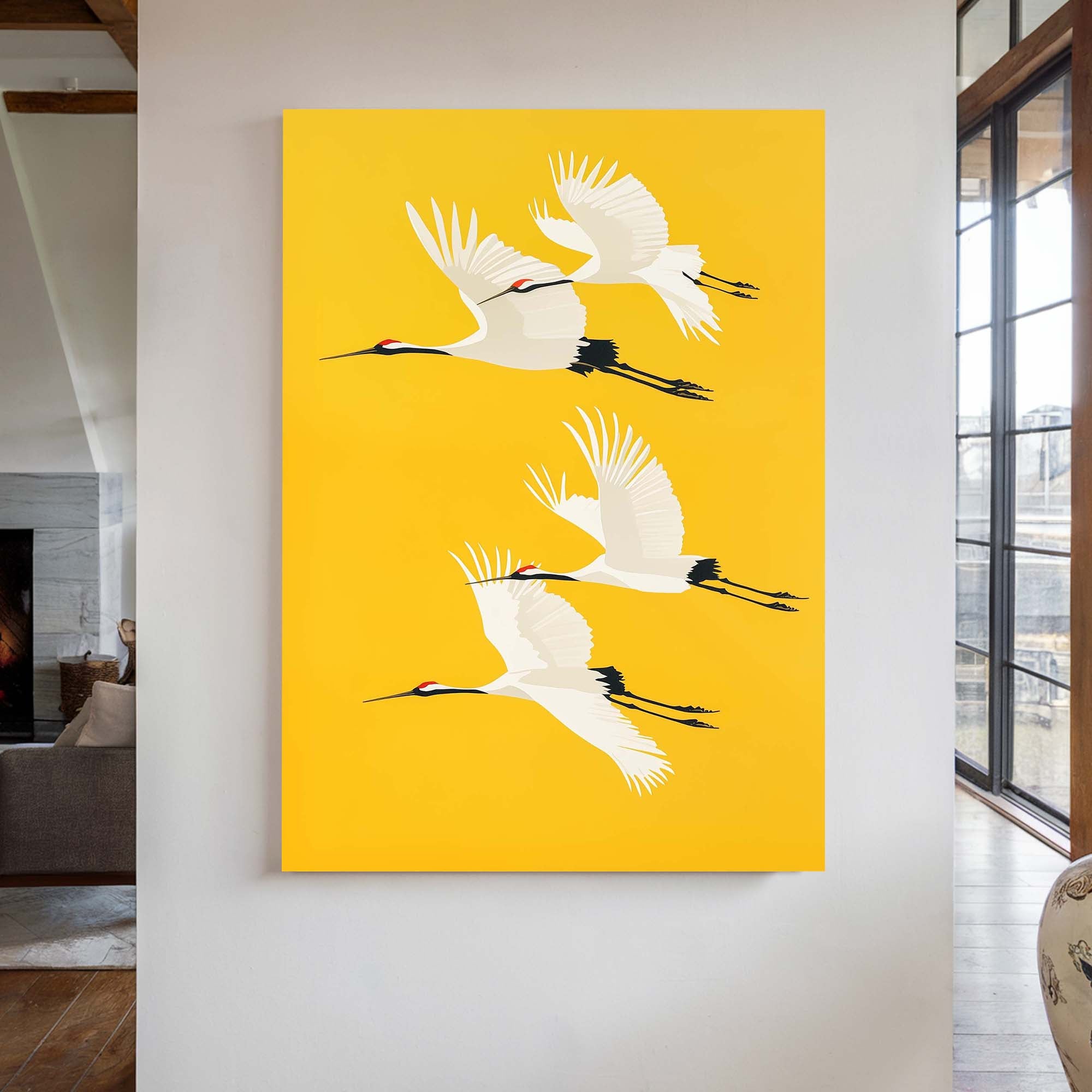 Four Cranes on Yellow Canvas Print Canvas Art Wildfrog Art