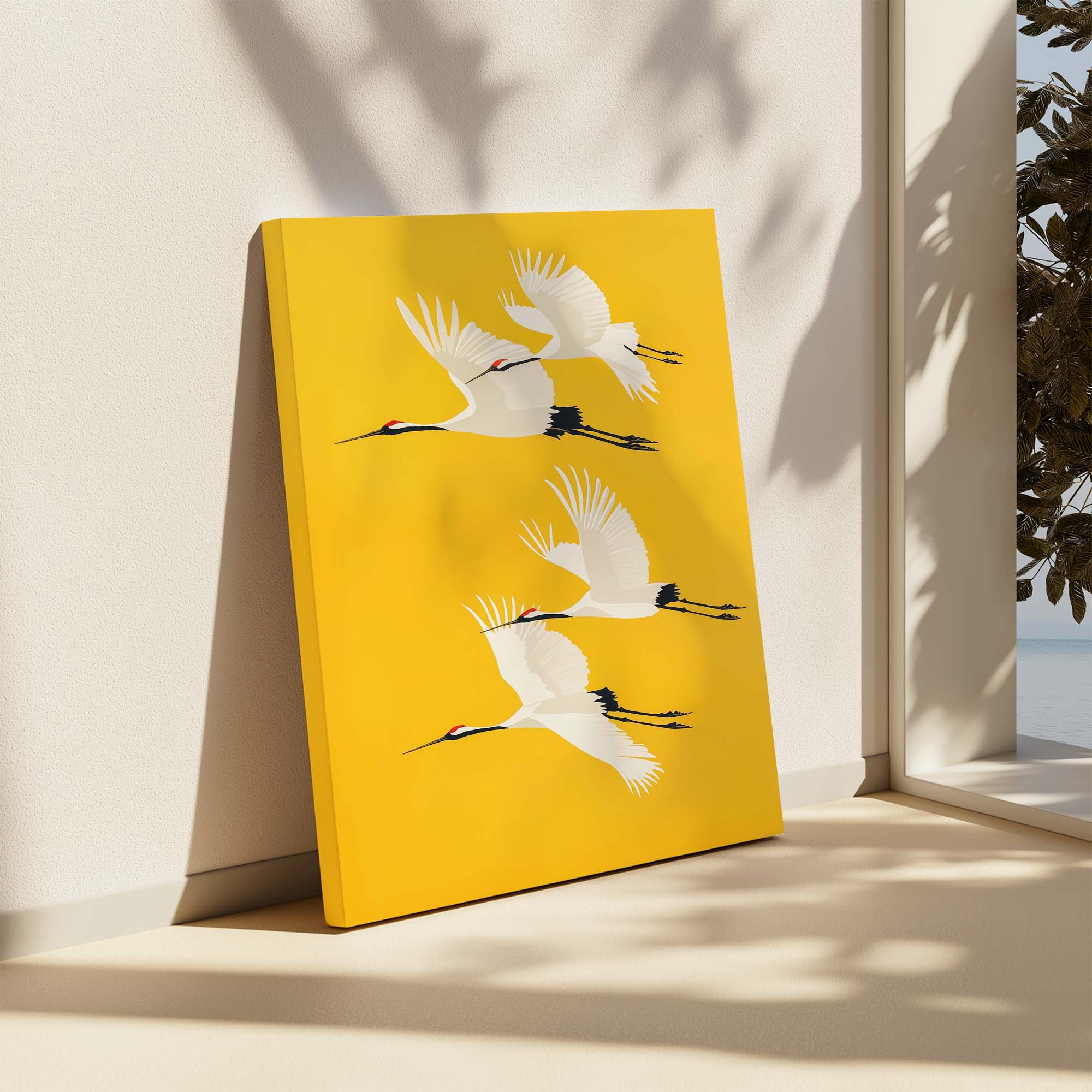 Four Cranes on Yellow Canvas Print Canvas Art Wildfrog Art
