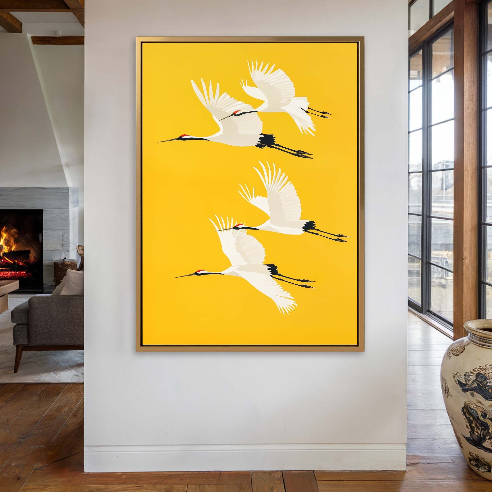 Four Cranes on Yellow Canvas Print Canvas Art Wildfrog Art