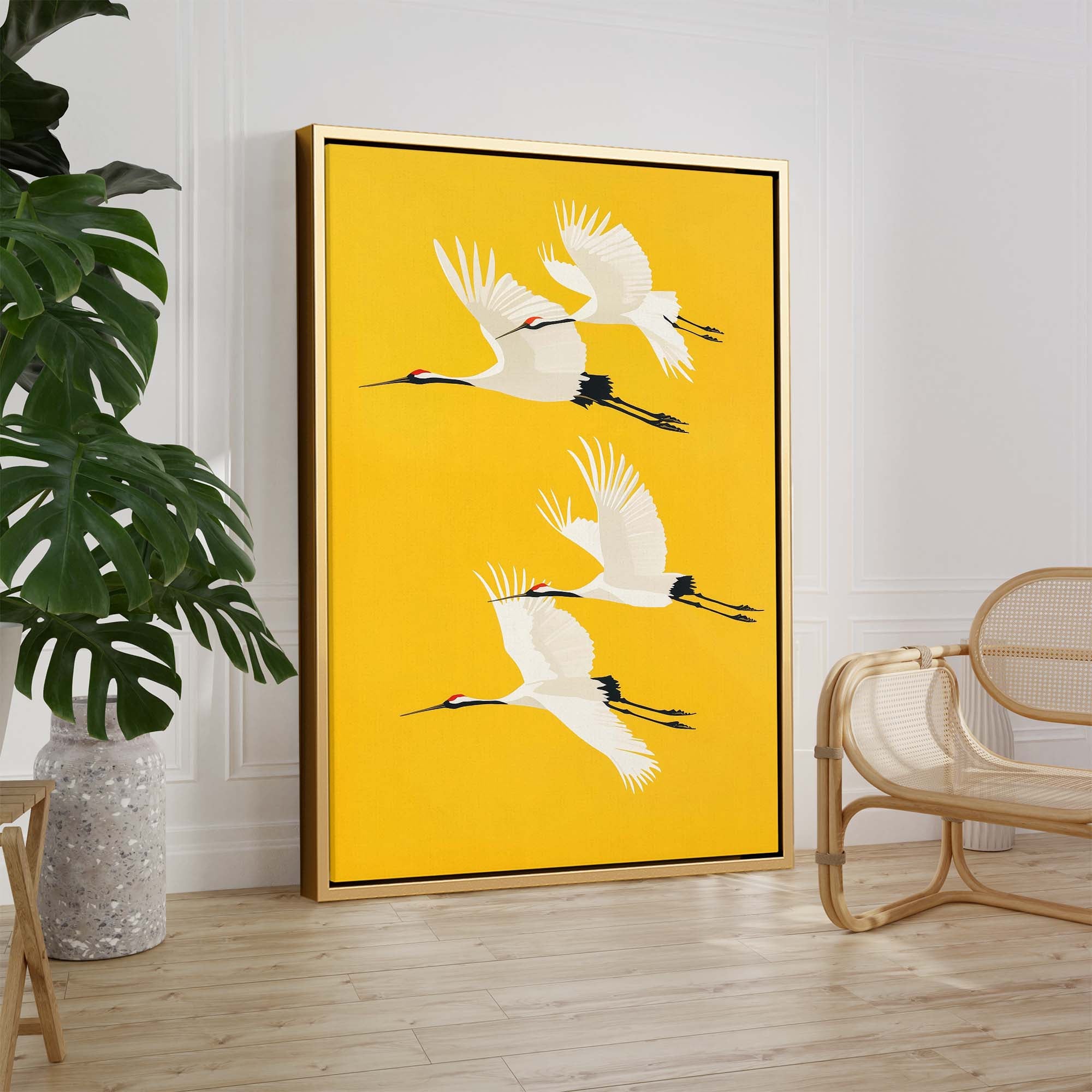 Four Cranes on Yellow Canvas Print Canvas Art Wildfrog Art