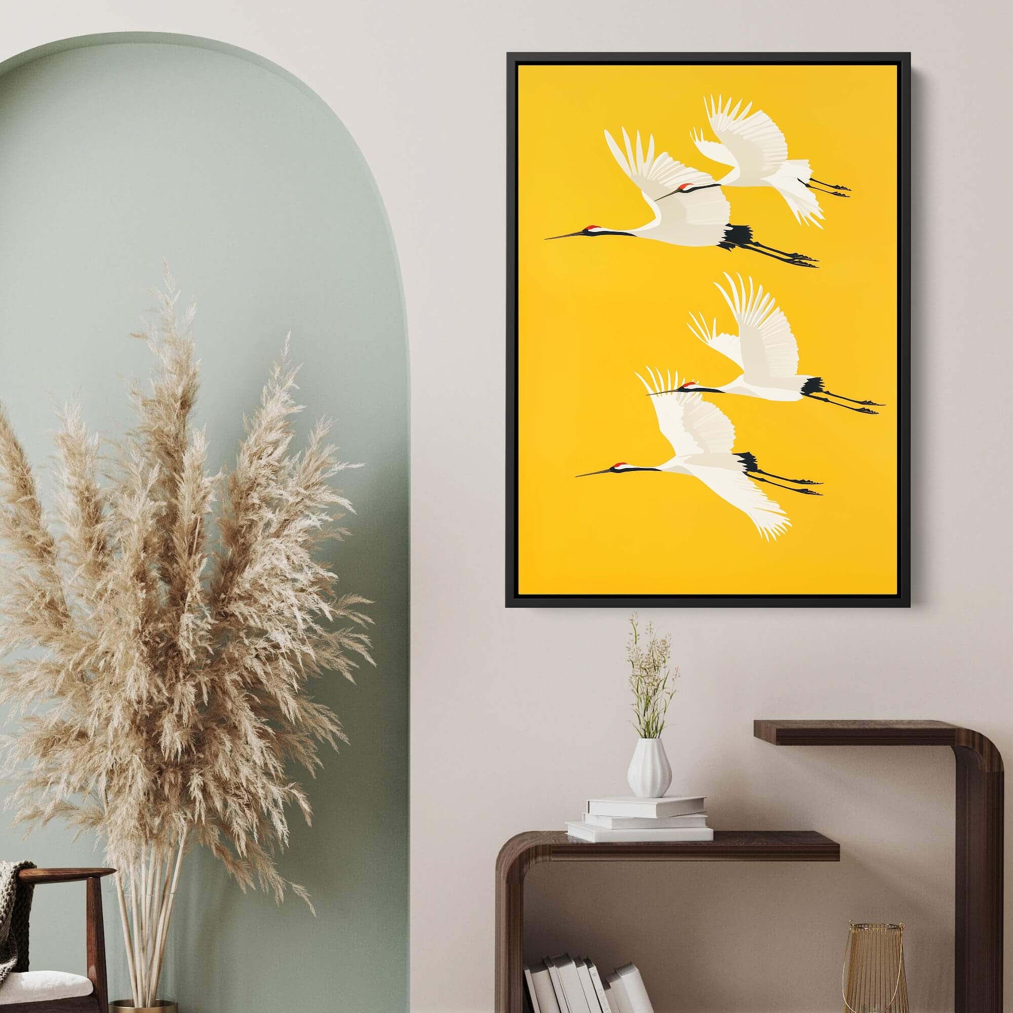 Four Cranes on Yellow Canvas Print Canvas Art Wildfrog Art