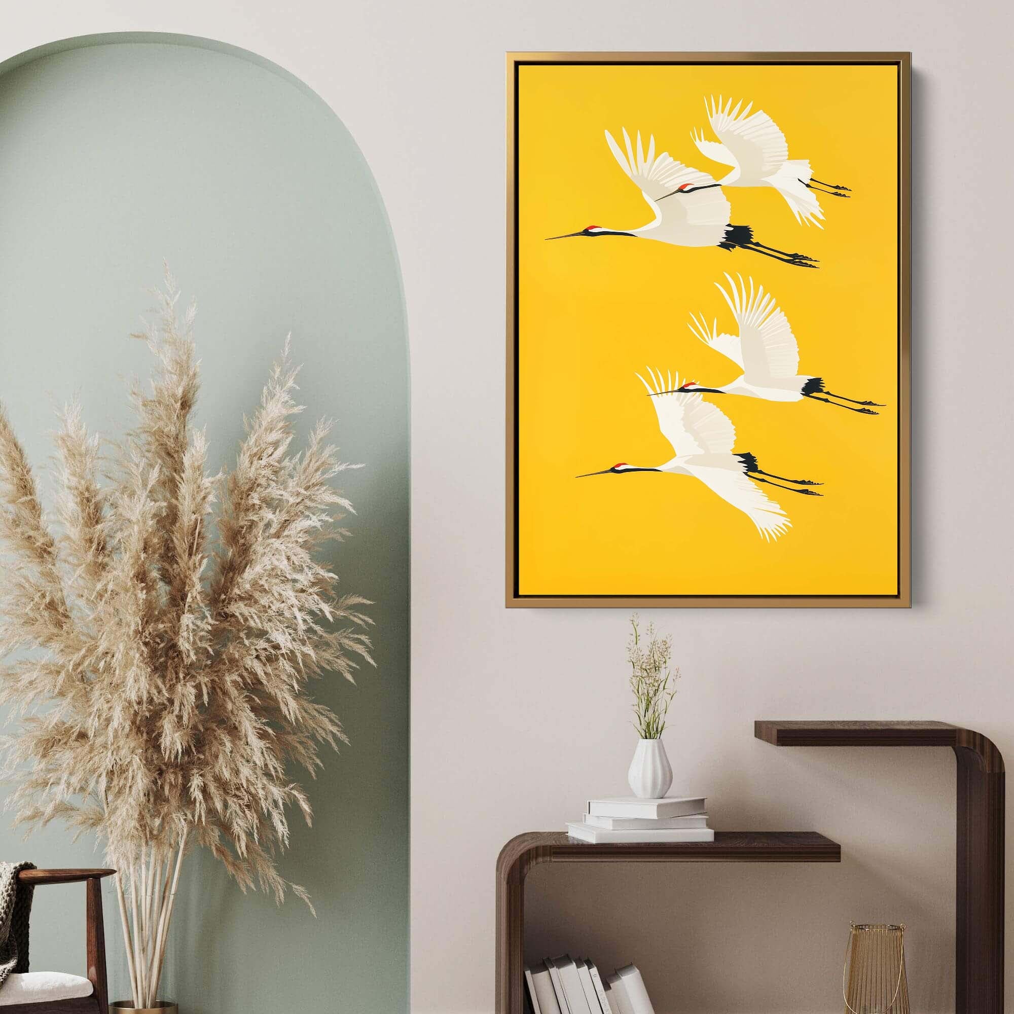 Four Cranes on Yellow Canvas Print Canvas Art Wildfrog Art