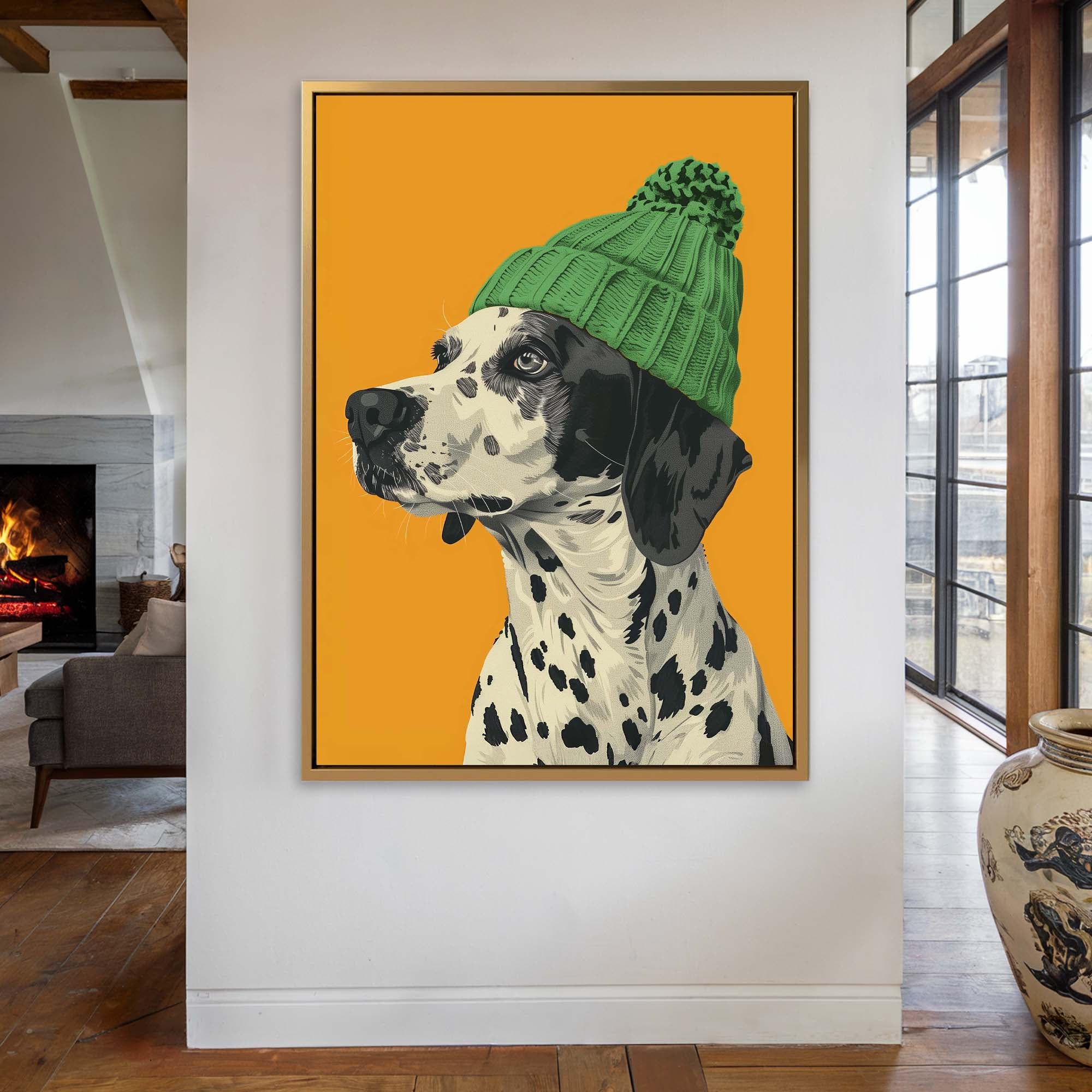Green Bobble Hat Dalmatian Canvas Print Canvas Art Wildfrog Art