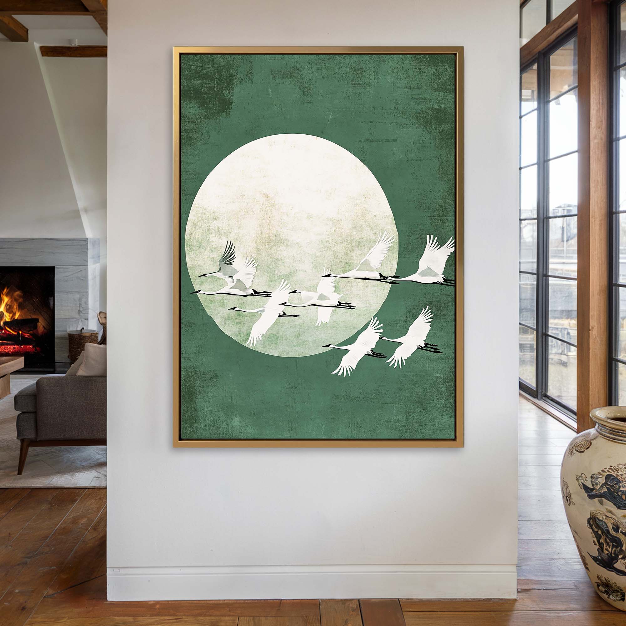 Green Japanese Cranes Canvas Print Canvas Art Wildfrog Art