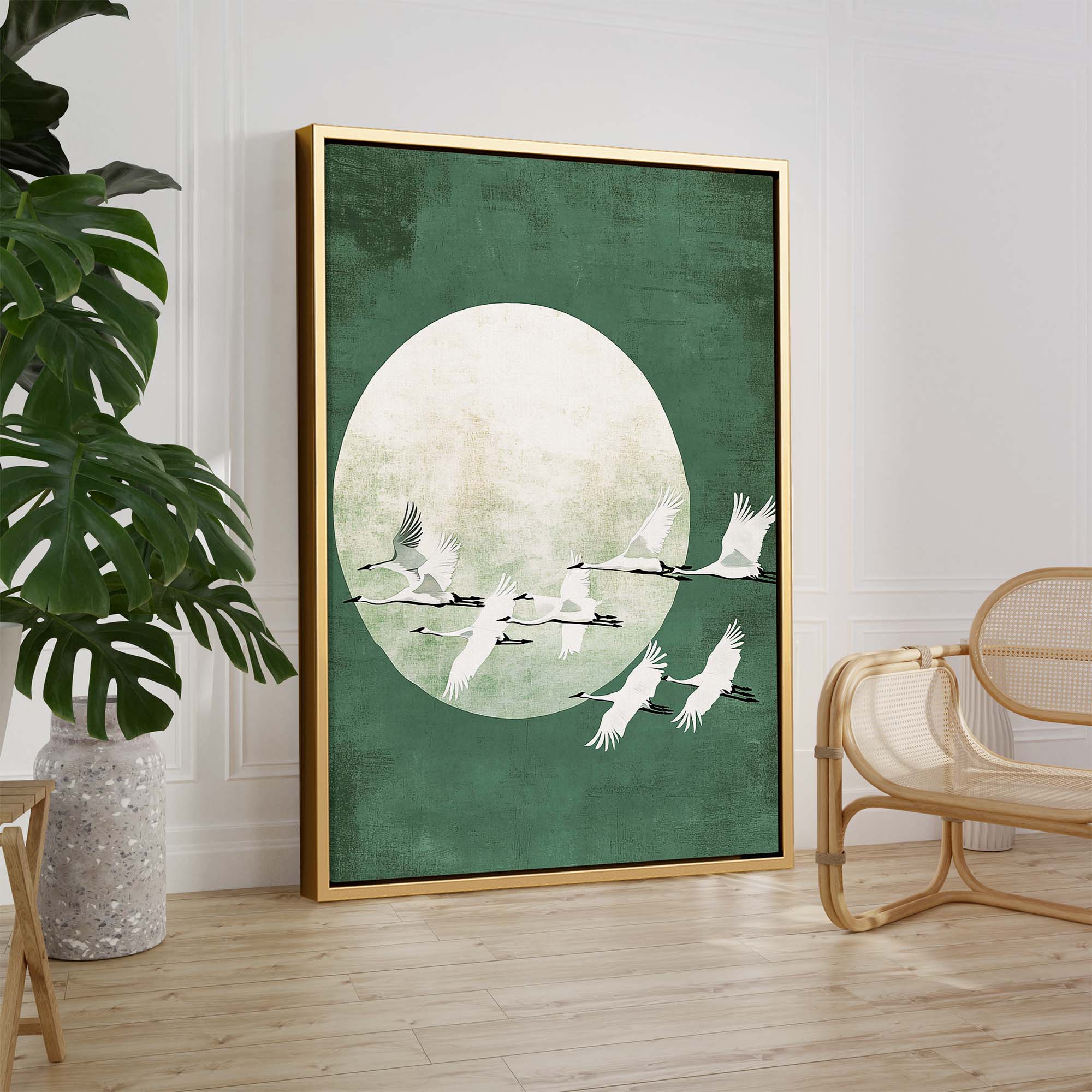 Green Japanese Cranes Canvas Print Canvas Art Wildfrog Art