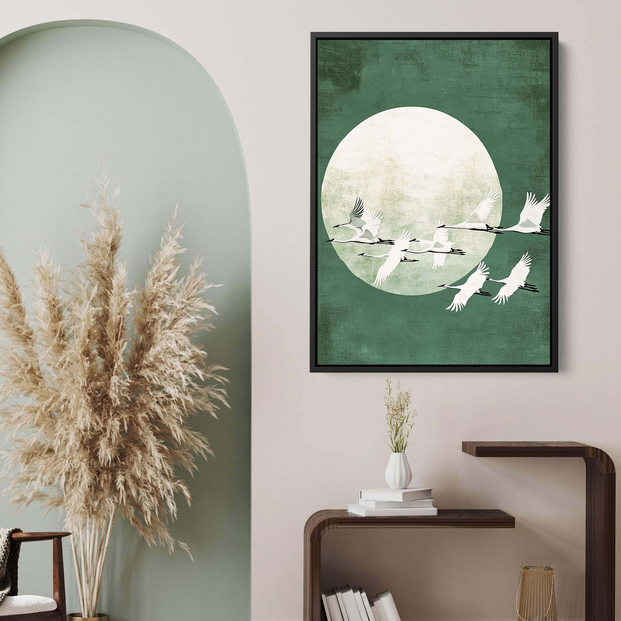 Green Japanese Cranes Canvas Print Canvas Art Wildfrog Art