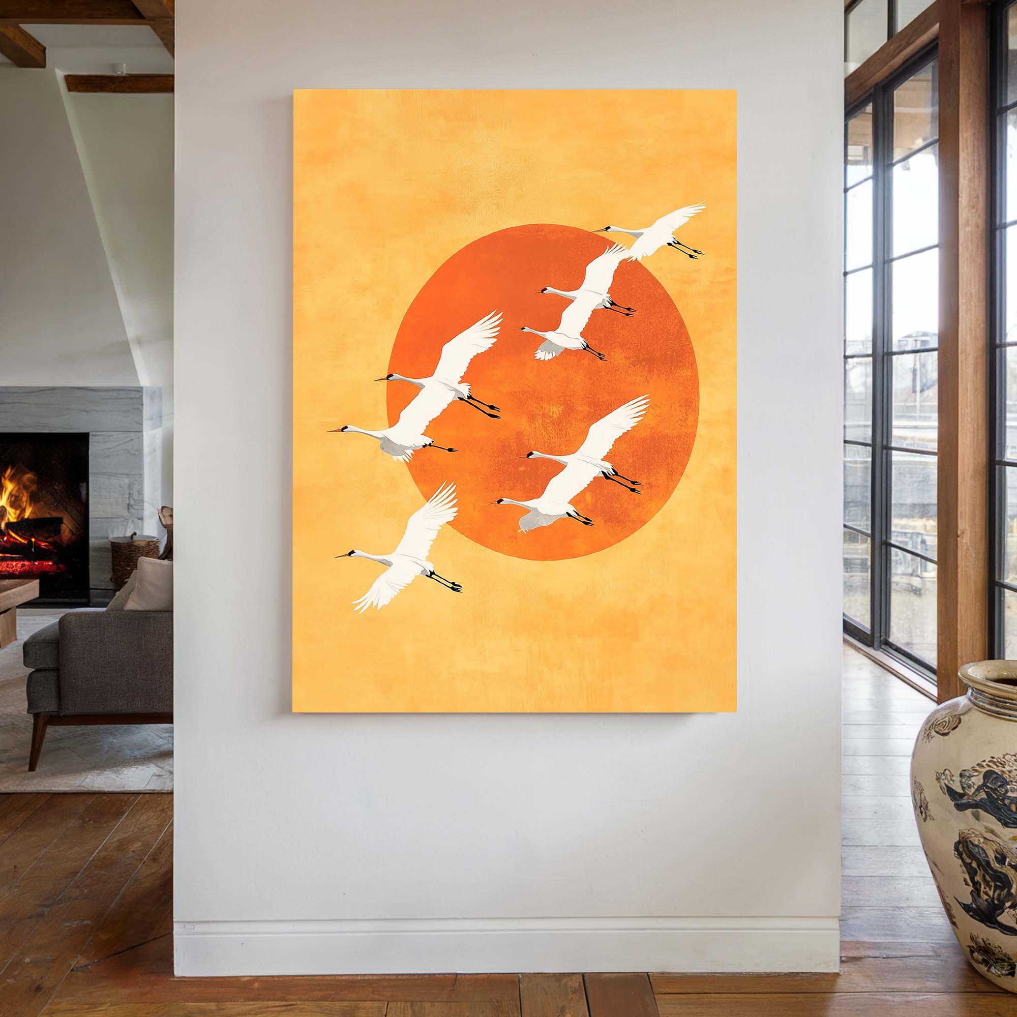 Japandi Sun Cranes Canvas Print Canvas Art Wildfrog Art