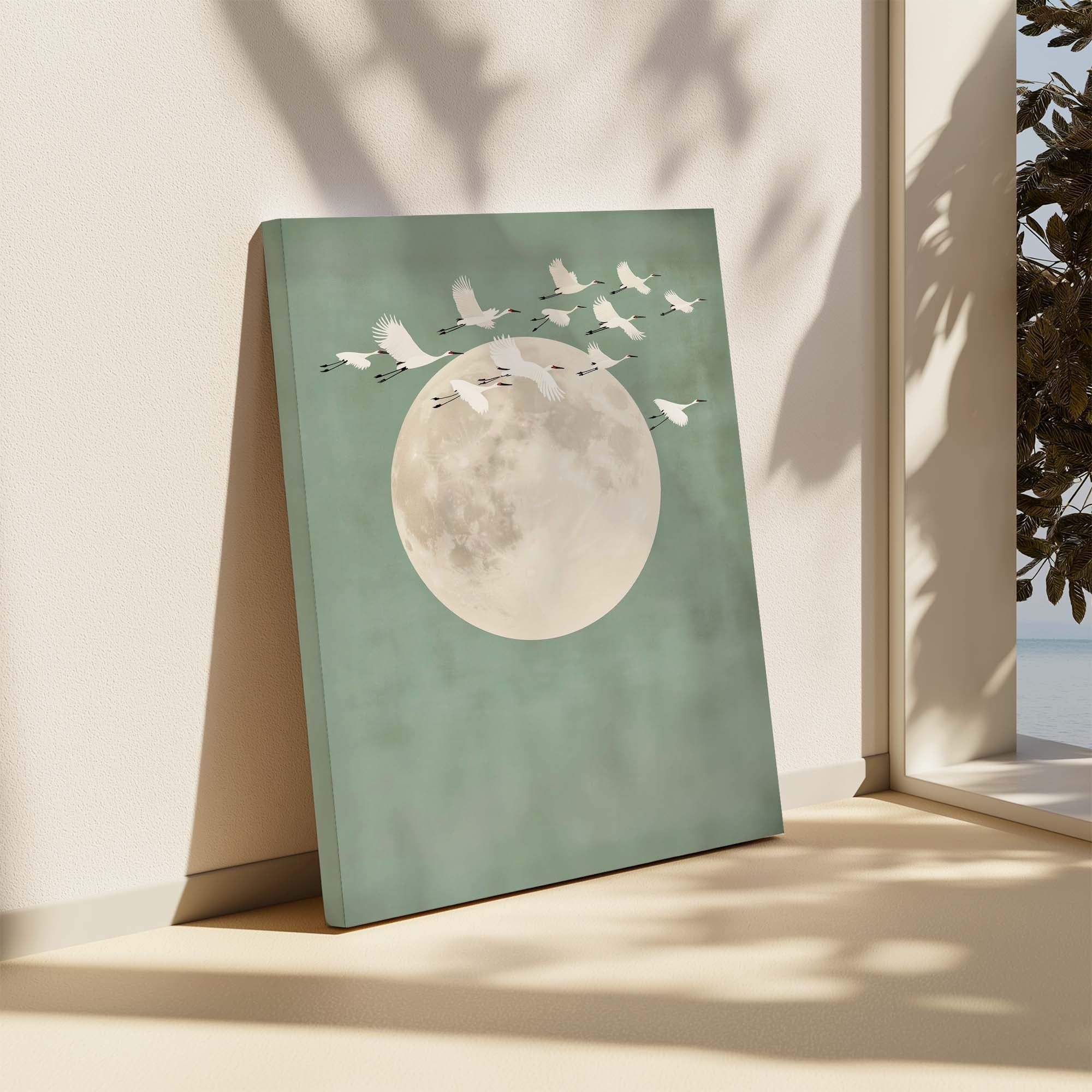 Sage Green Cranes Portrait Canvas Print