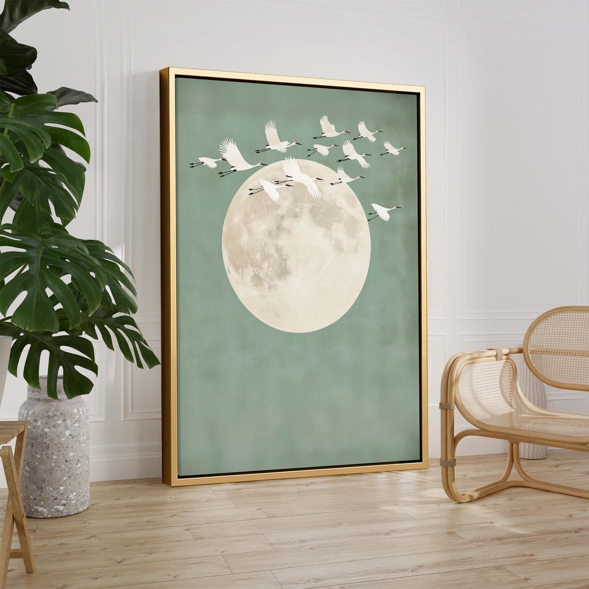 Sage Green Cranes Portrait Canvas Print