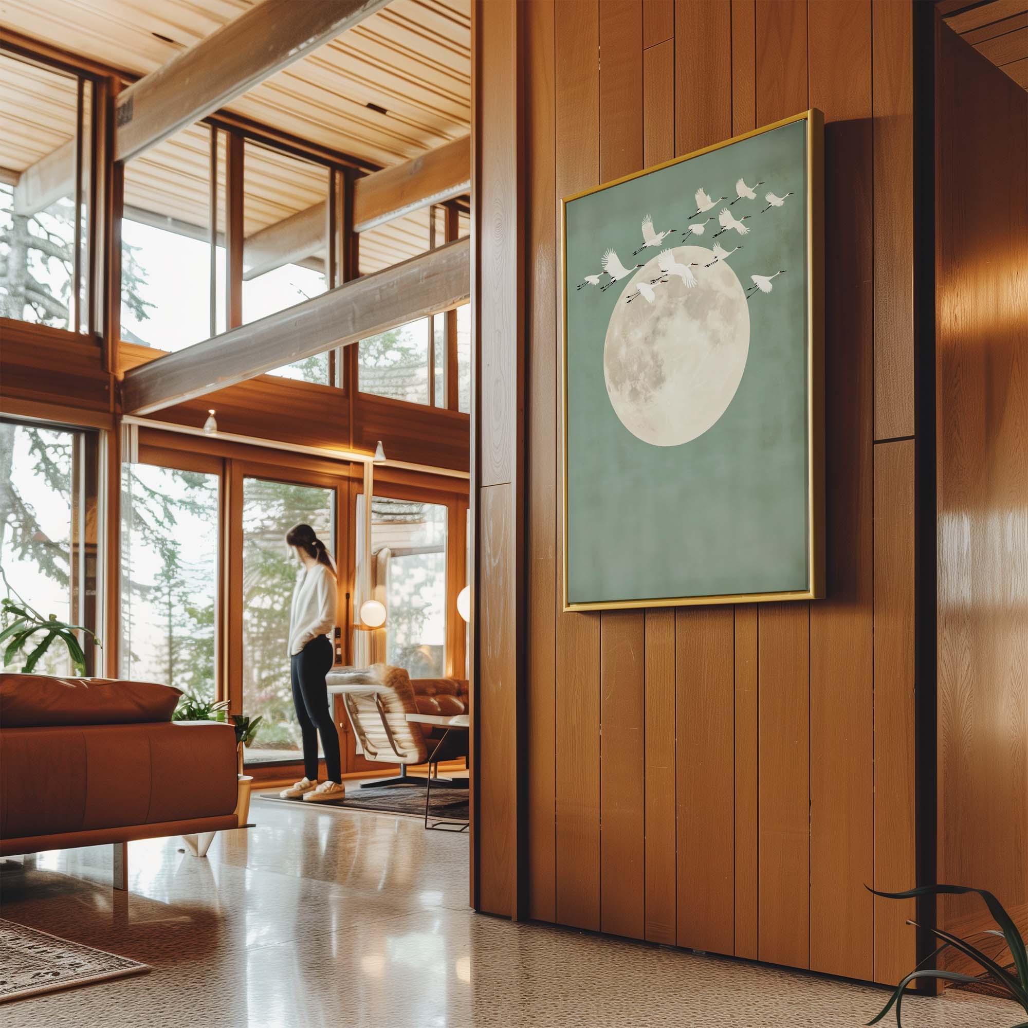 Sage Green Cranes Portrait Canvas Print