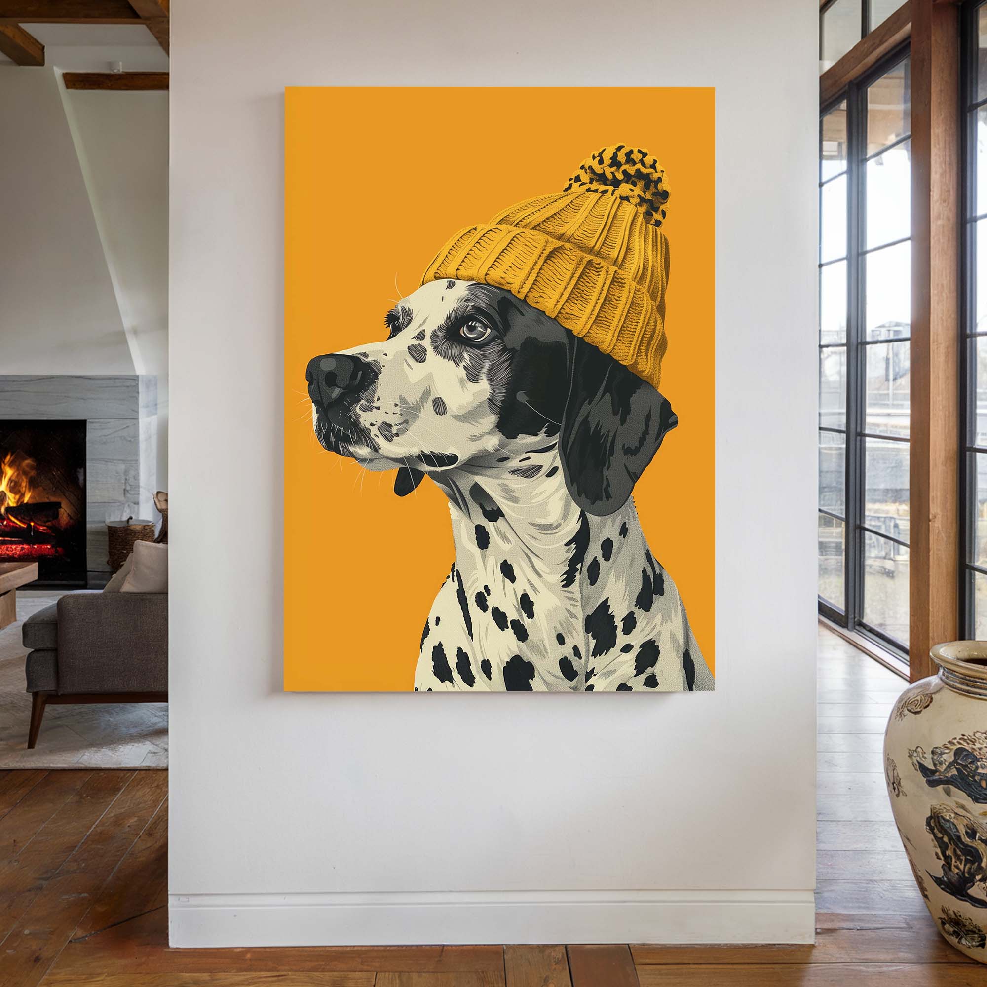 Yellow Bobble Hat Dalmatian Canvas Print