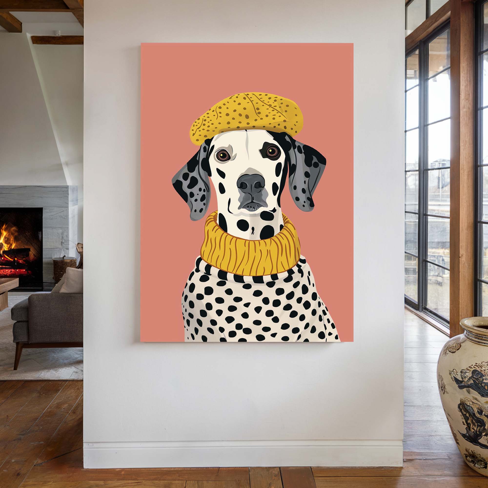 Beret Dalmatian on Blush Canvas Print Canvas Art Wildfrog Art