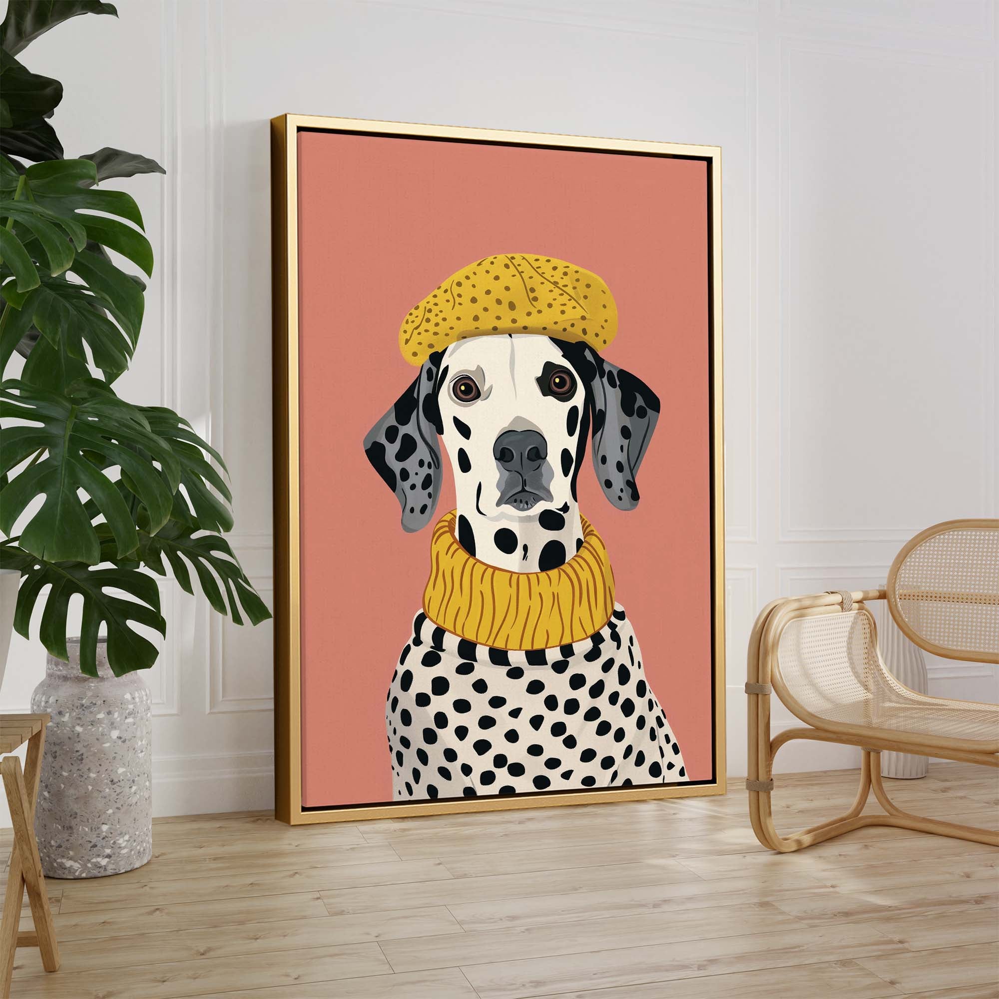 Beret Dalmatian on Blush Canvas Print Canvas Art Wildfrog Art