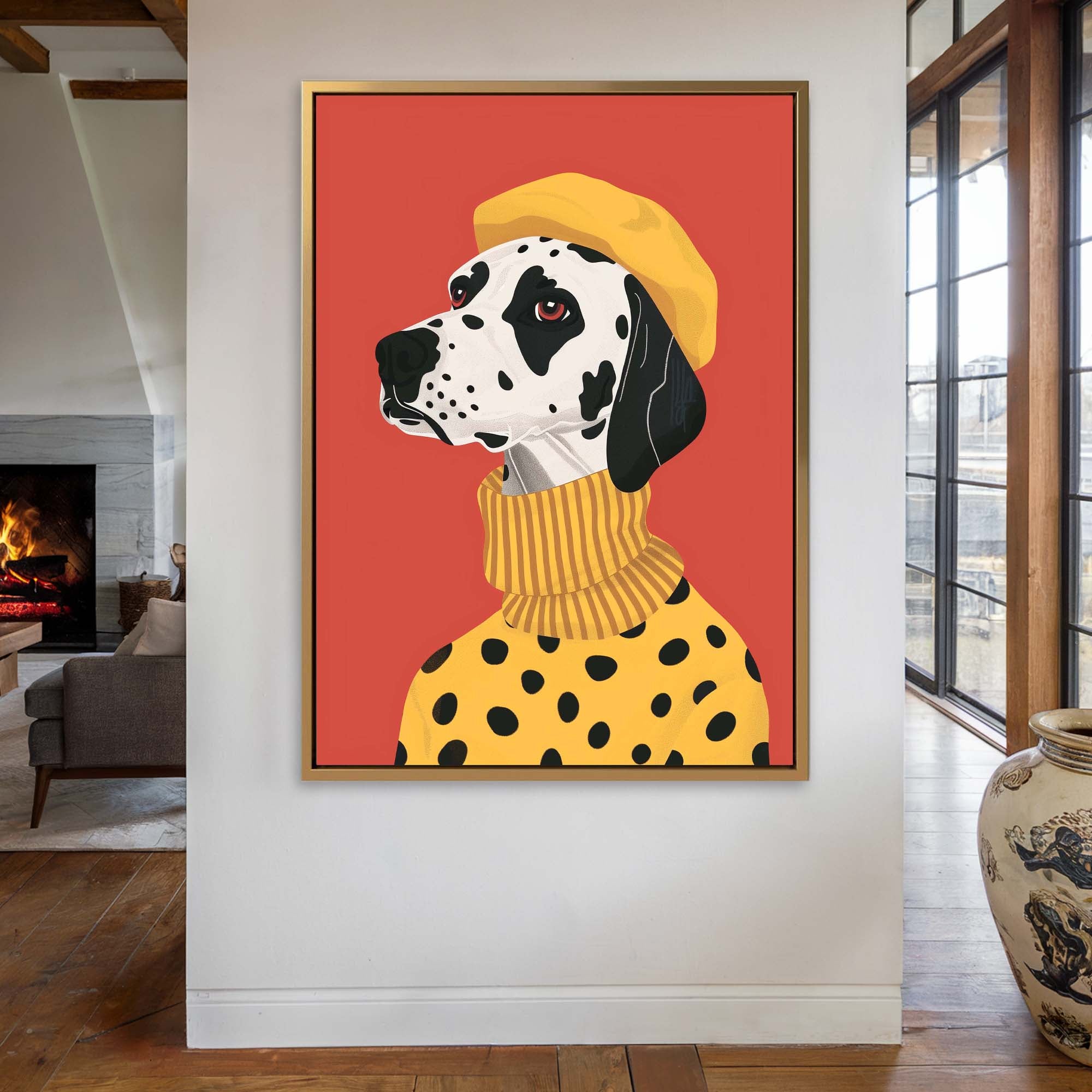 Beret Dalmatian on Red Canvas Print Canvas Art Wildfrog Art