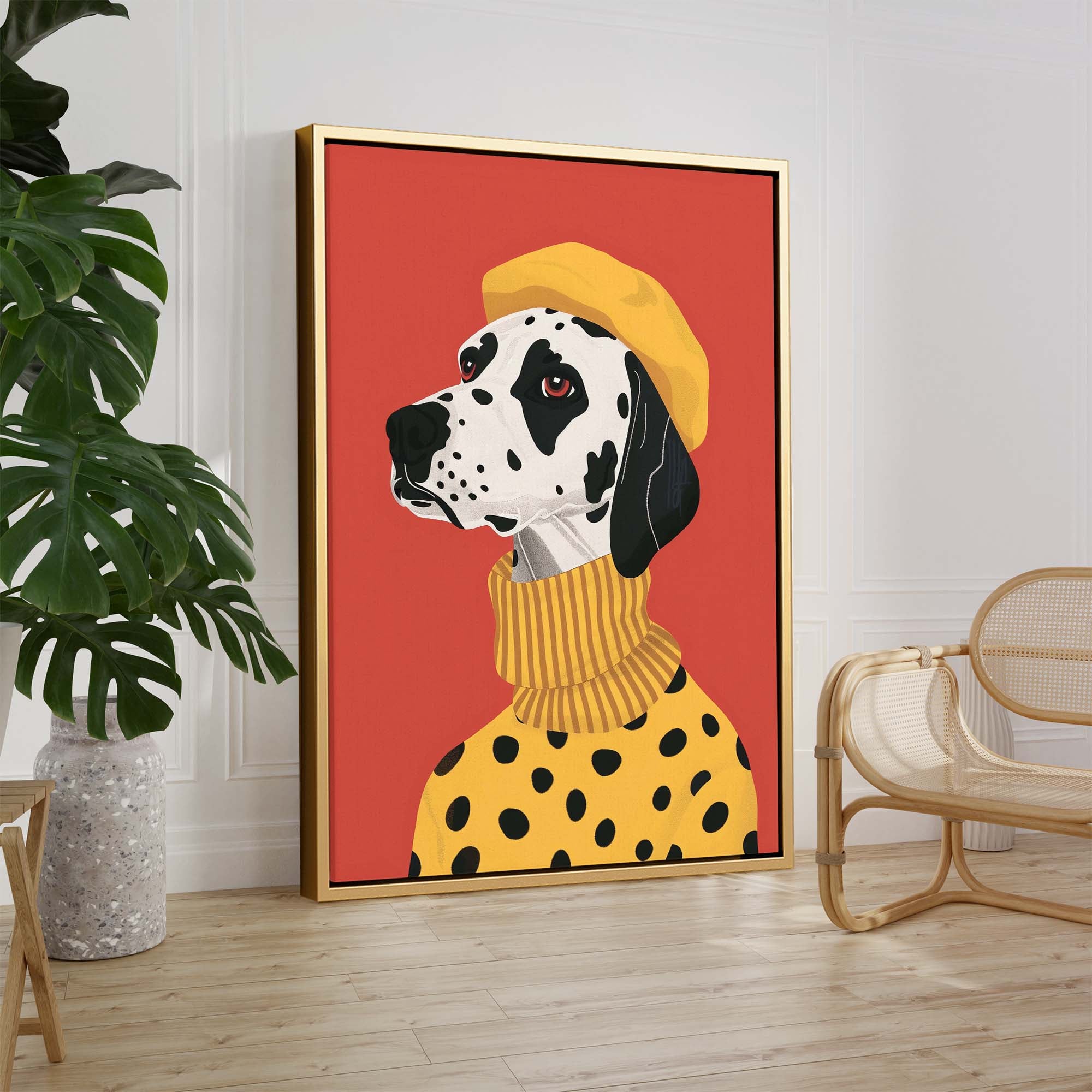 Beret Dalmatian on Red Canvas Print Canvas Art Wildfrog Art
