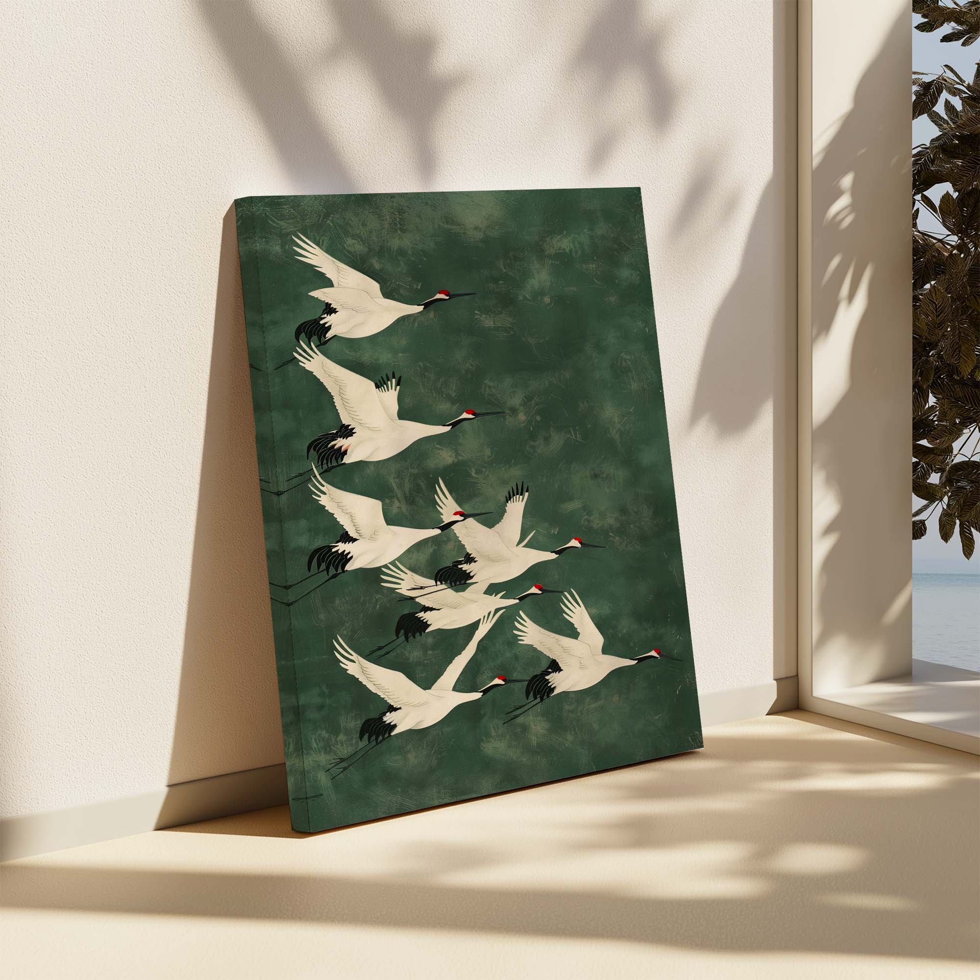 Cranes in Green Sky No1 Canvas Print Canvas Art Wildfrog Art