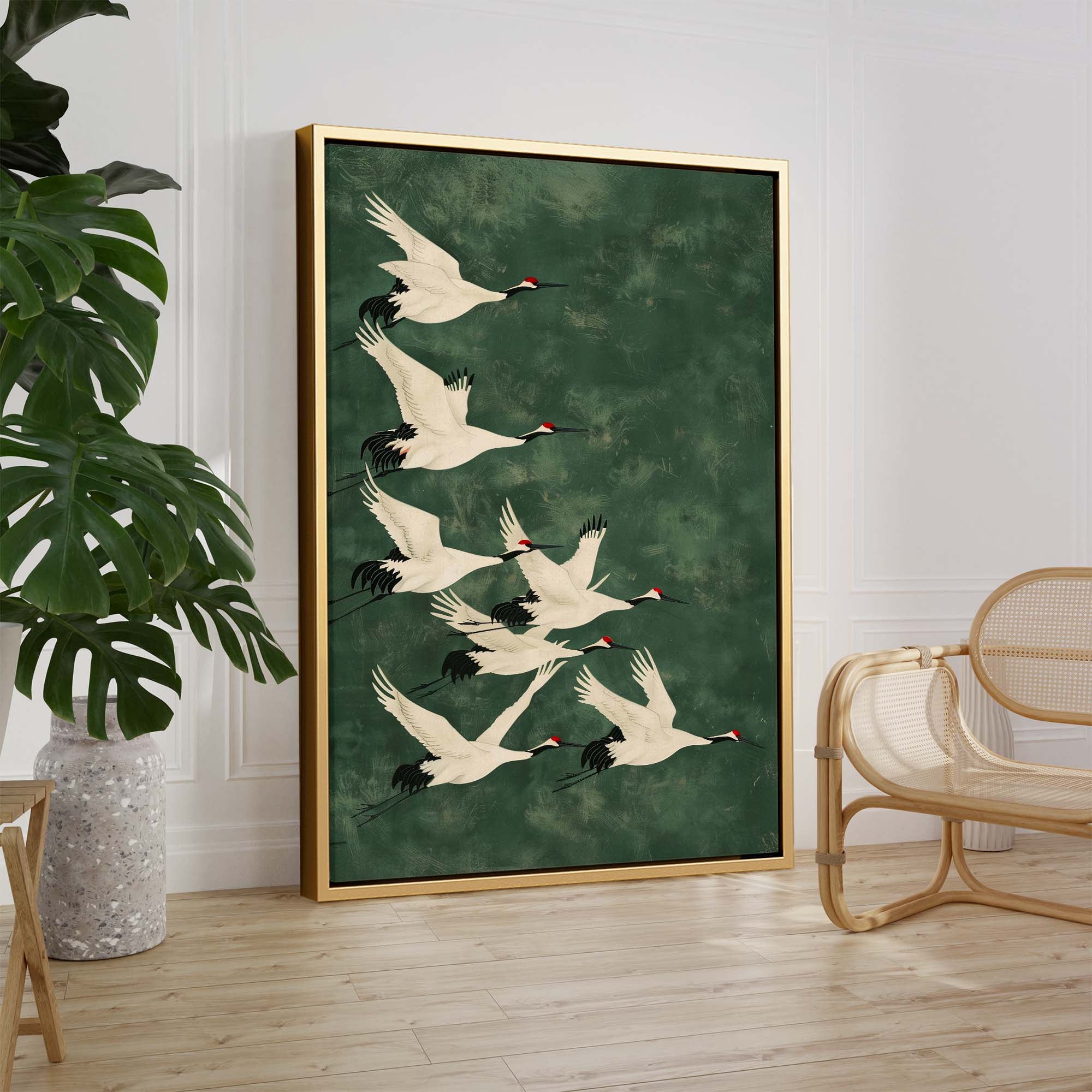 Cranes in Green Sky No1 Canvas Print Canvas Art Wildfrog Art