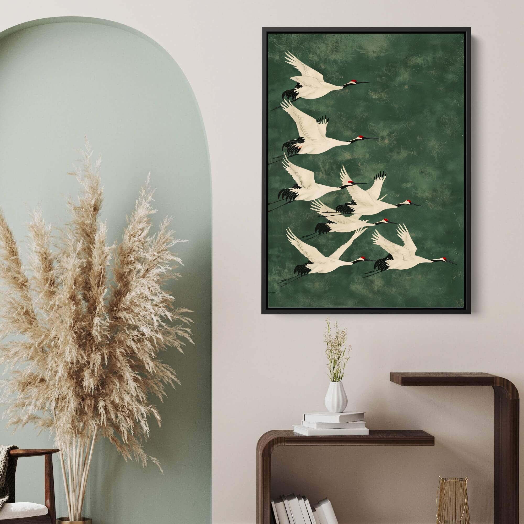 Cranes in Green Sky No1 Canvas Print Canvas Art Wildfrog Art