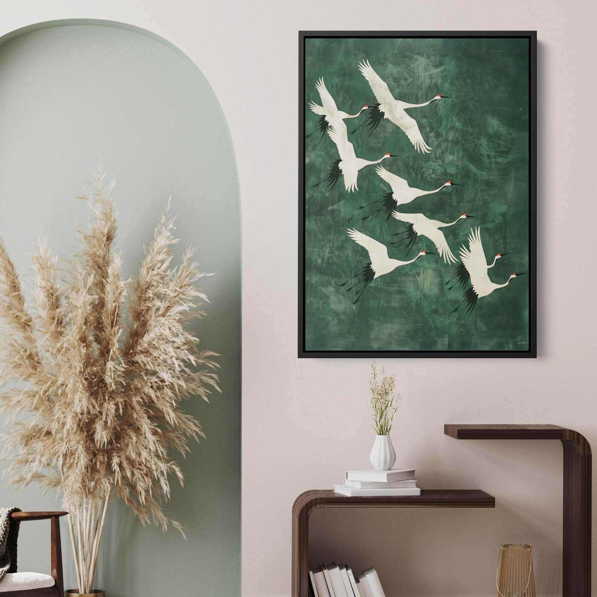 Cranes in Green Sky No2 Canvas Print Canvas Art Wildfrog Art