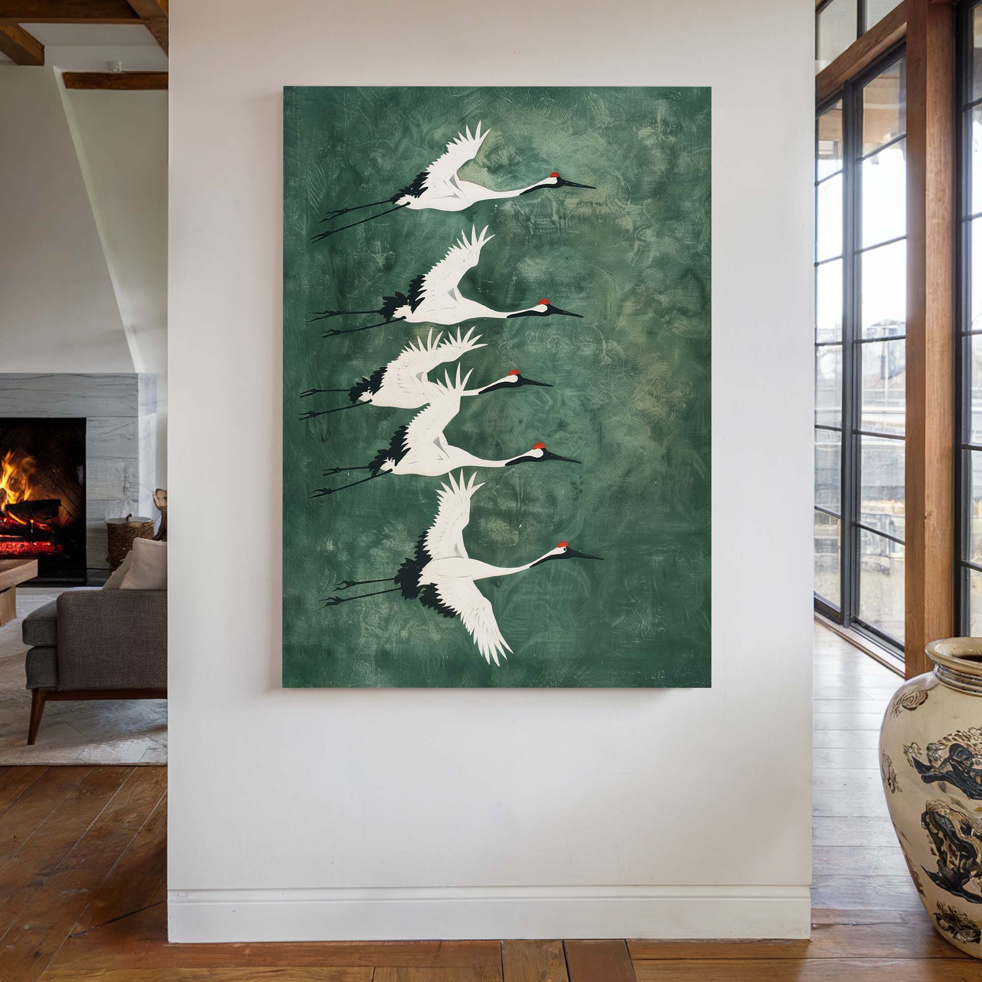 Cranes in Green Sky No3 Canvas Print Canvas Art Wildfrog Art