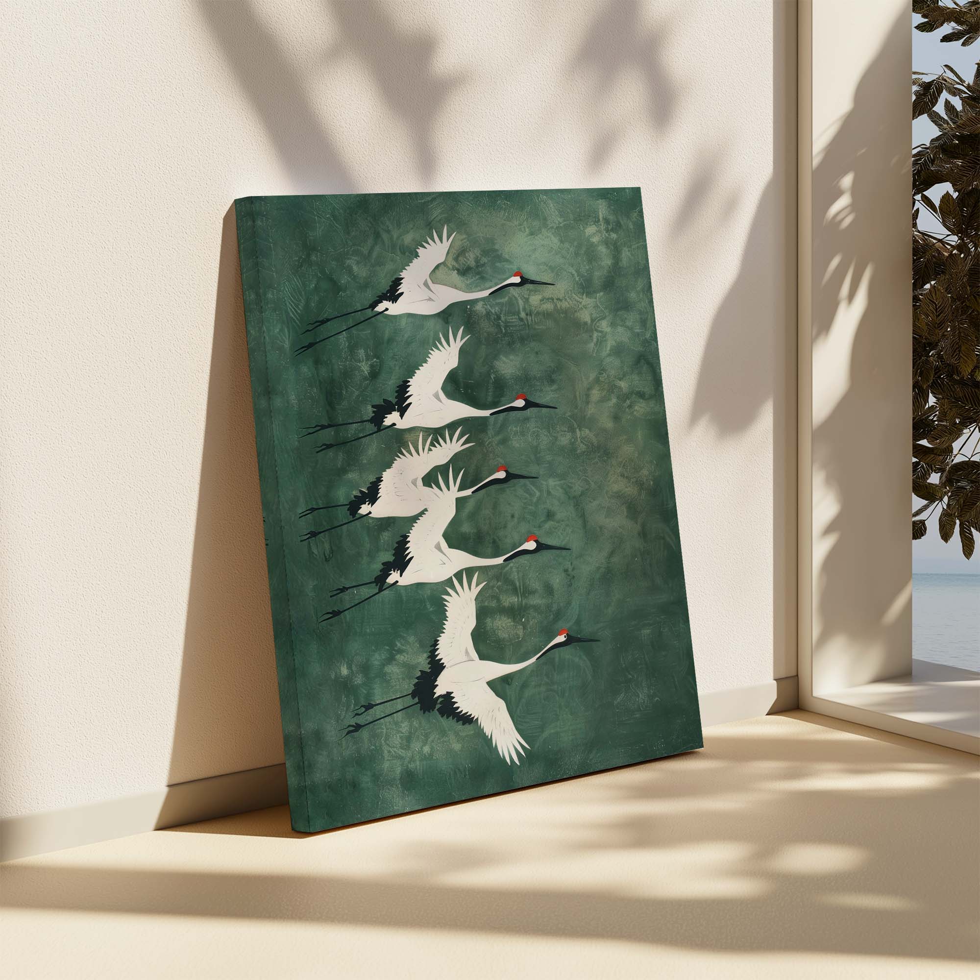 Cranes in Green Sky No3 Canvas Print Canvas Art Wildfrog Art