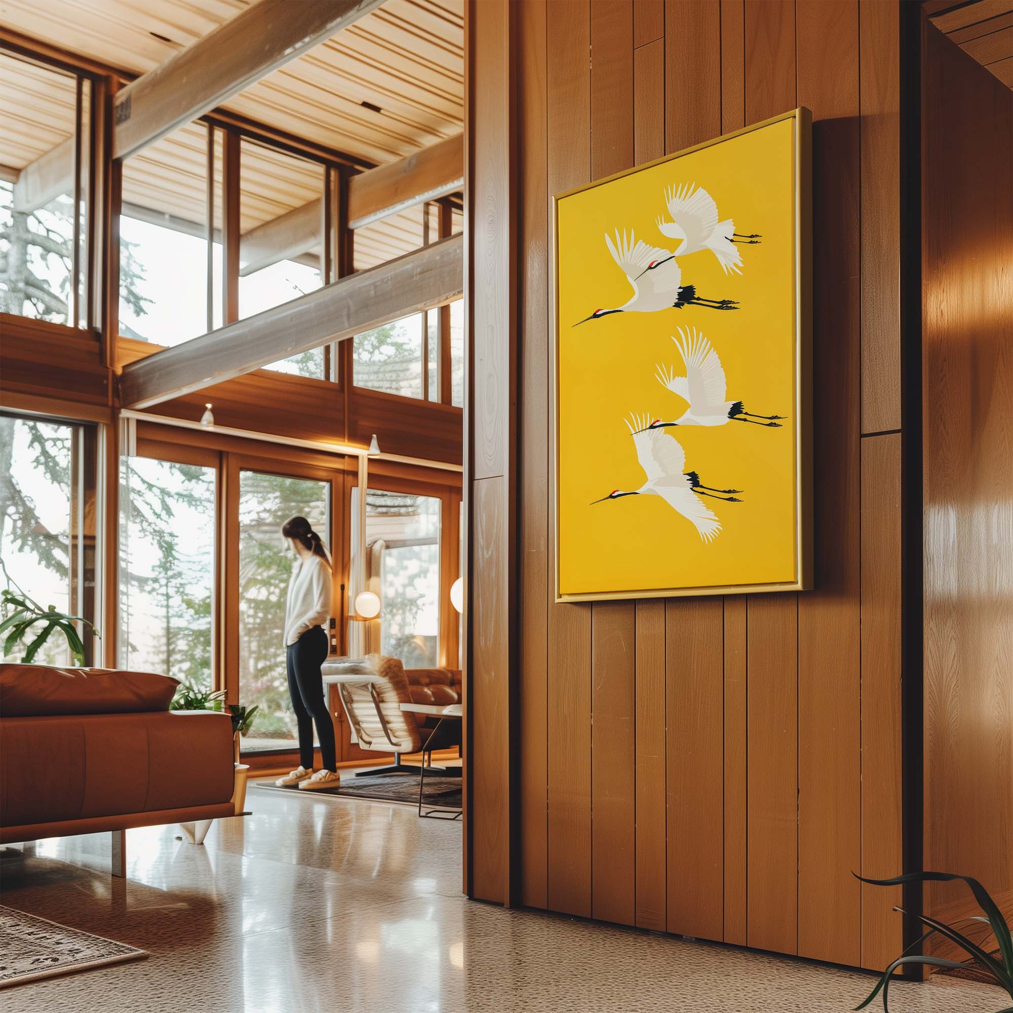 Four Cranes on Yellow Canvas Print Canvas Art Wildfrog Art