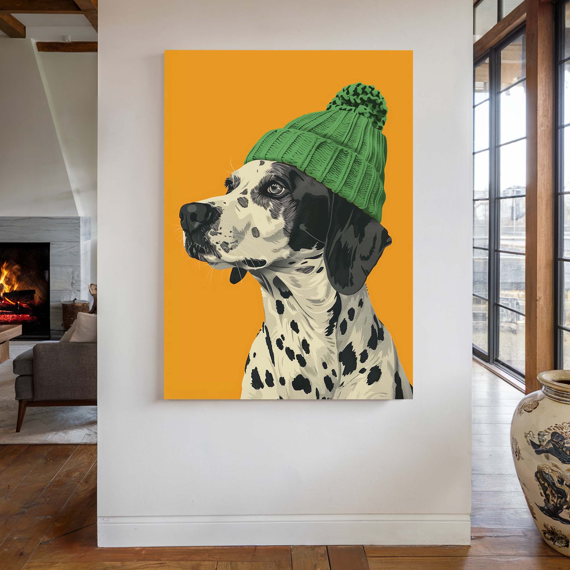Green Bobble Hat Dalmatian Canvas Print Canvas Art Wildfrog Art