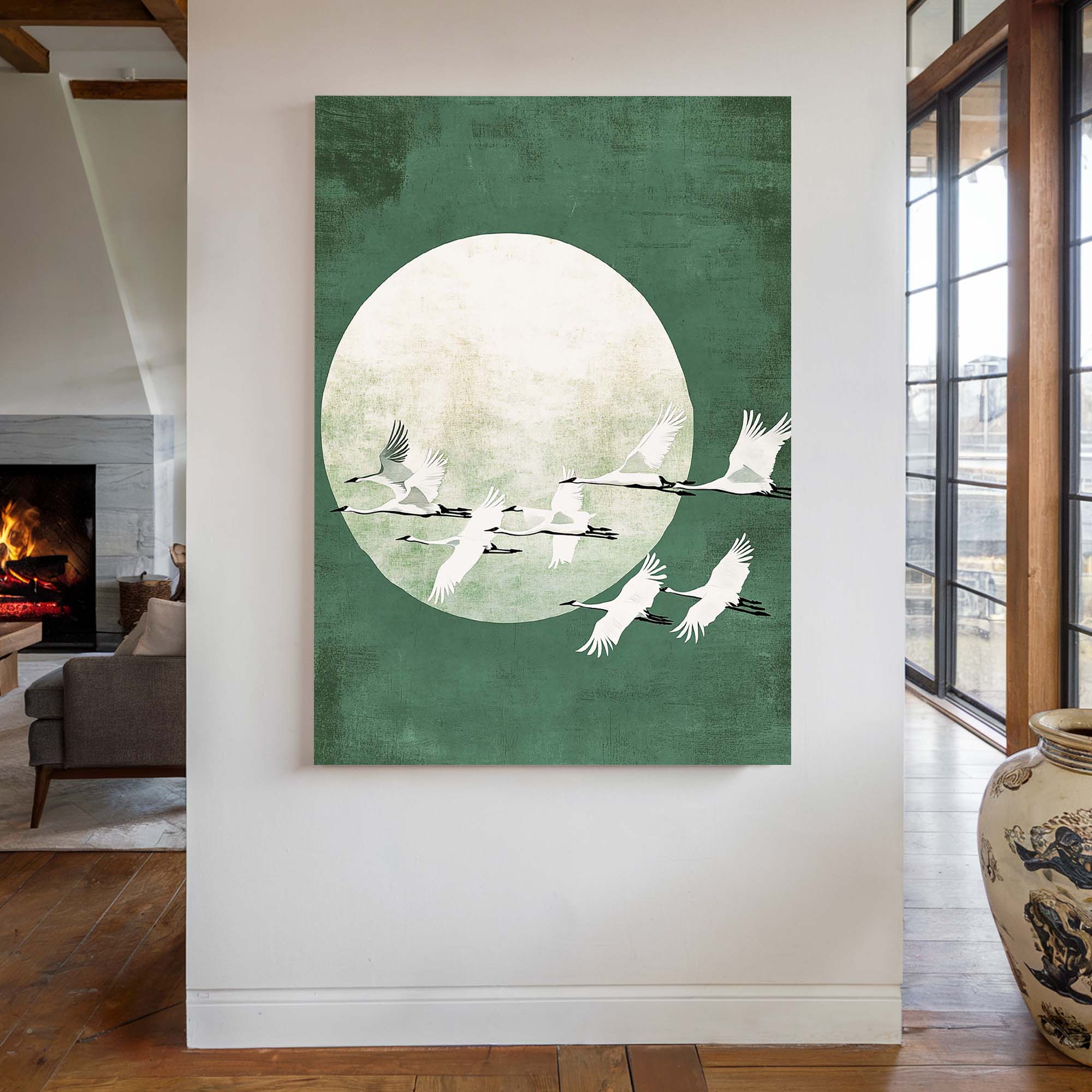 Green Japanese Cranes Canvas Print Canvas Art Wildfrog Art