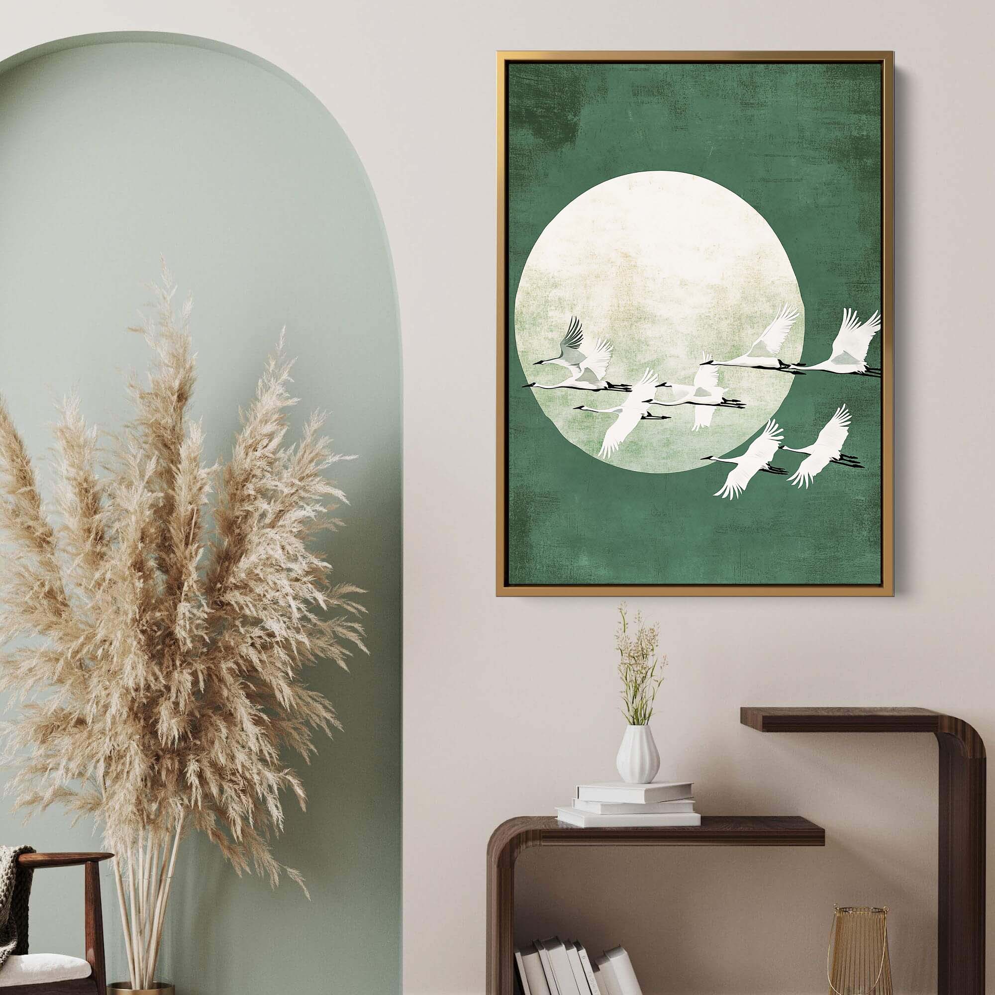 Green Japanese Cranes Canvas Print Canvas Art Wildfrog Art