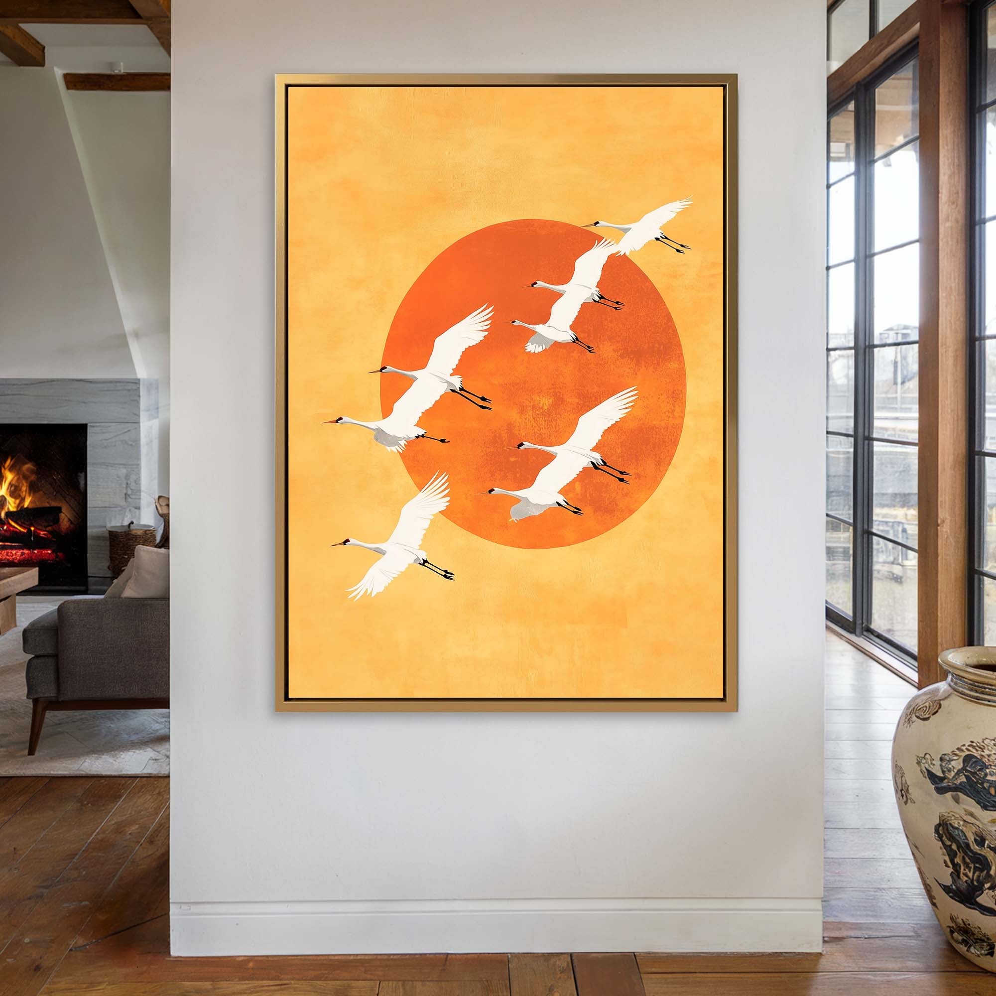 Japandi Sun Cranes Canvas Print Canvas Art Wildfrog Art