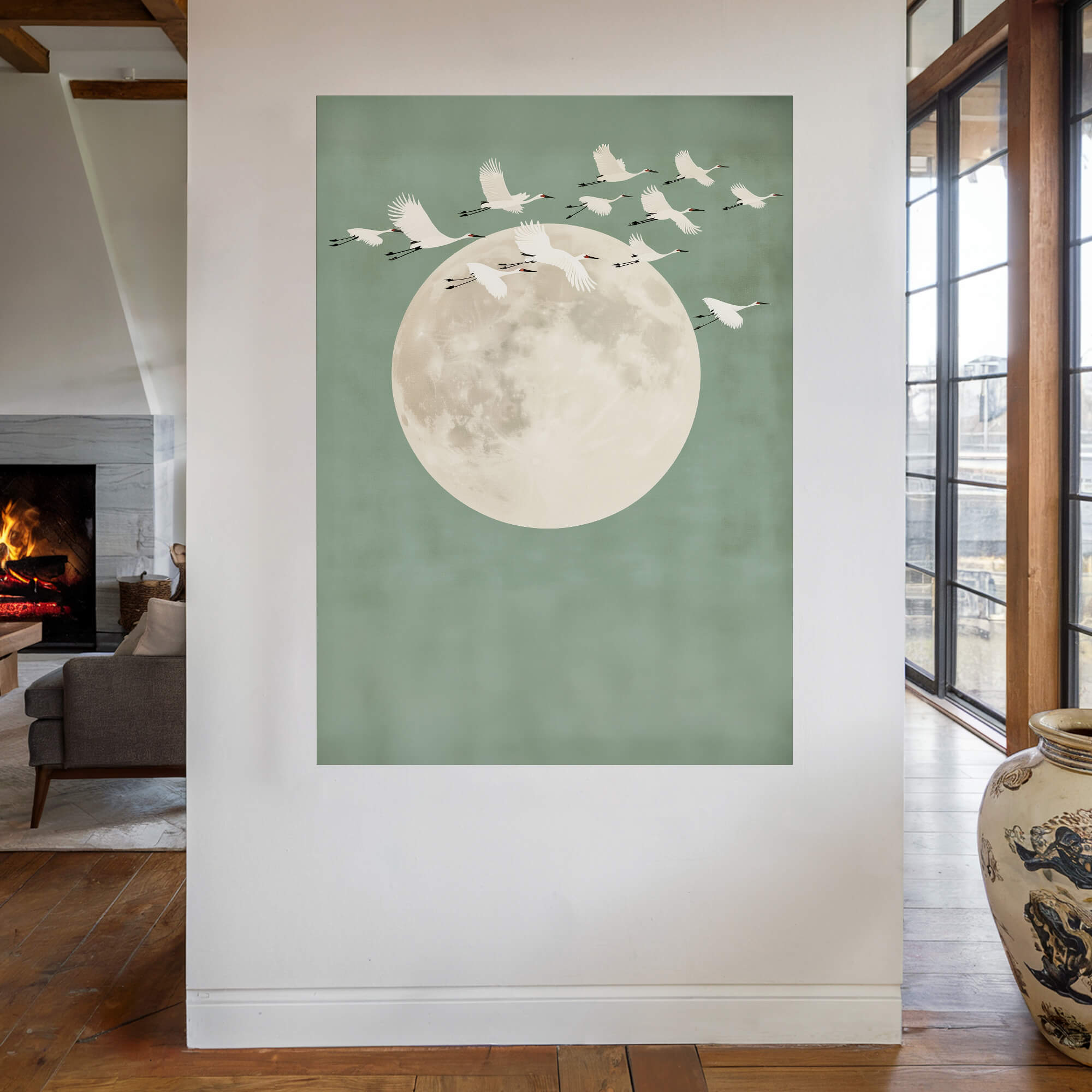 Sage Green Cranes Portrait Canvas Print