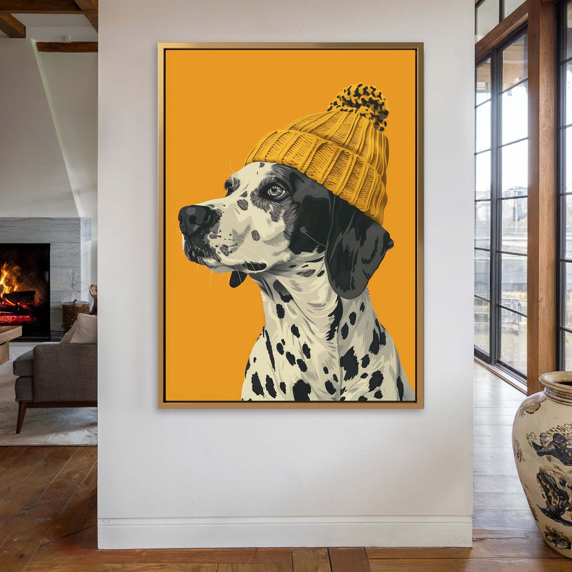 Yellow Bobble Hat Dalmatian Canvas Print