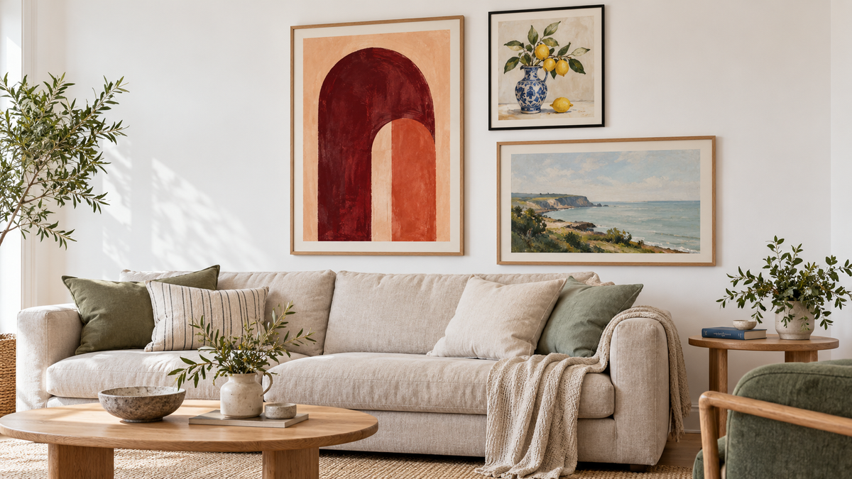 Bright living room with an abstract, a lemon still life and a coastal landscape in a gallery wall; Wildfrog brand mood concept